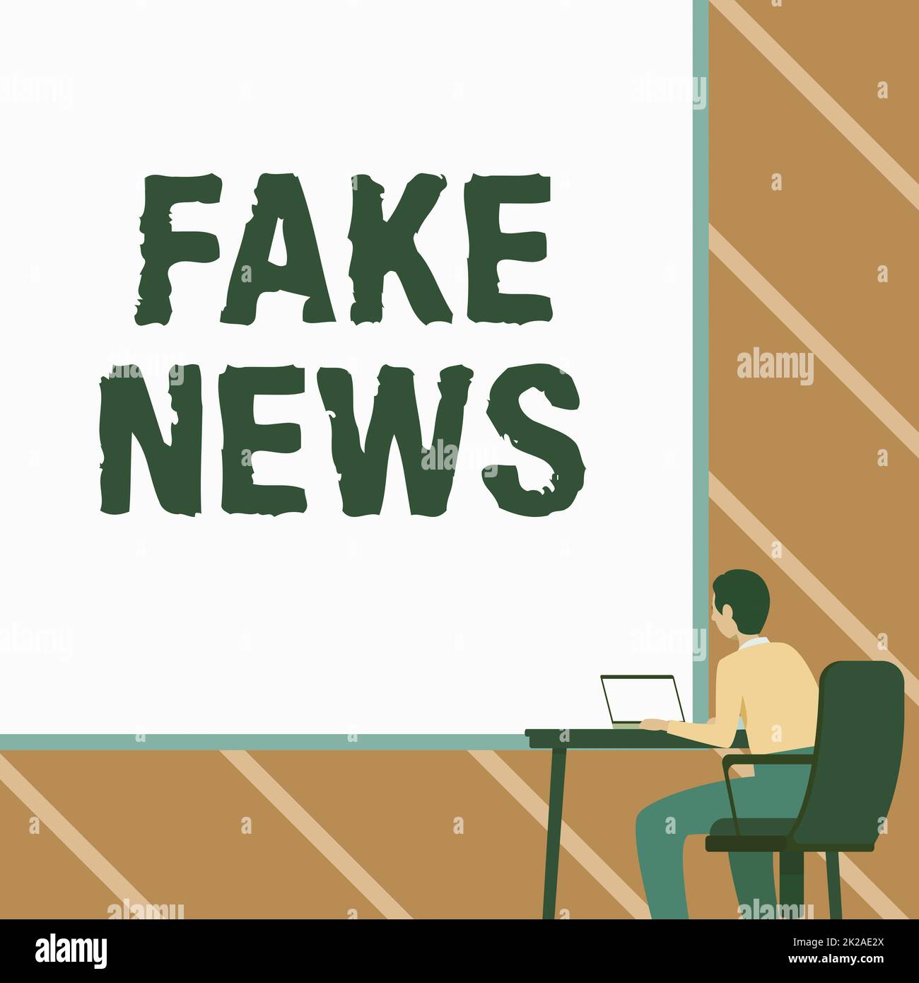 Cartello di testo che mostra Fake News, Business Showcase false informazioni pubblicare sotto il pretesto di essere notizie autentiche uomo seduto poltrona utilizzando laptop Pla Foto Stock
