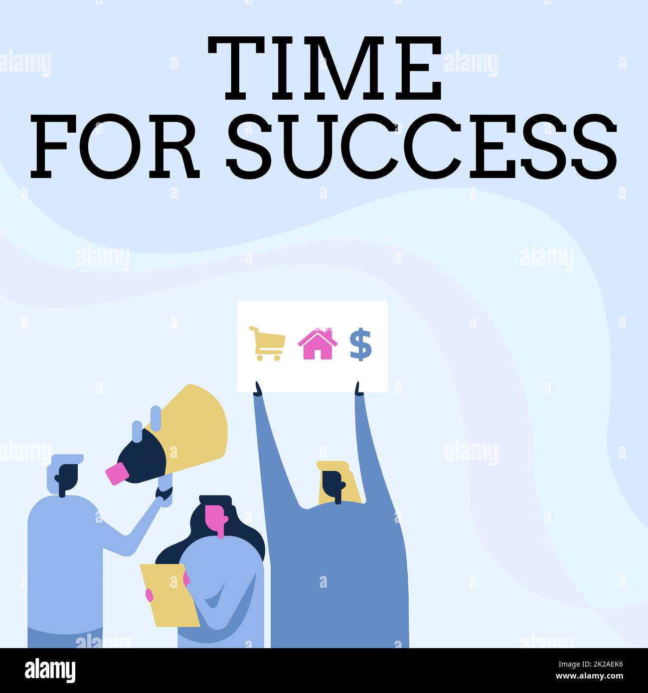 Mostra il tempo per il successo. Business concept business marketing finanziario bancario pubblicità web attivisti Holding thier megafoni e Placards fare Annuncio. Foto Stock