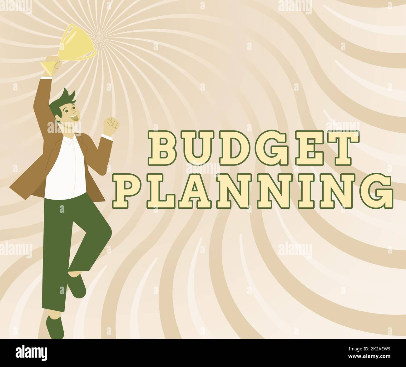 Firma che mostra la pianificazione del budget. Foto concettuale la descrizione scritta sulle spese correnti e future Gentleman Jumping Excitedly Holding Trophy che mostra i risultati. Foto Stock