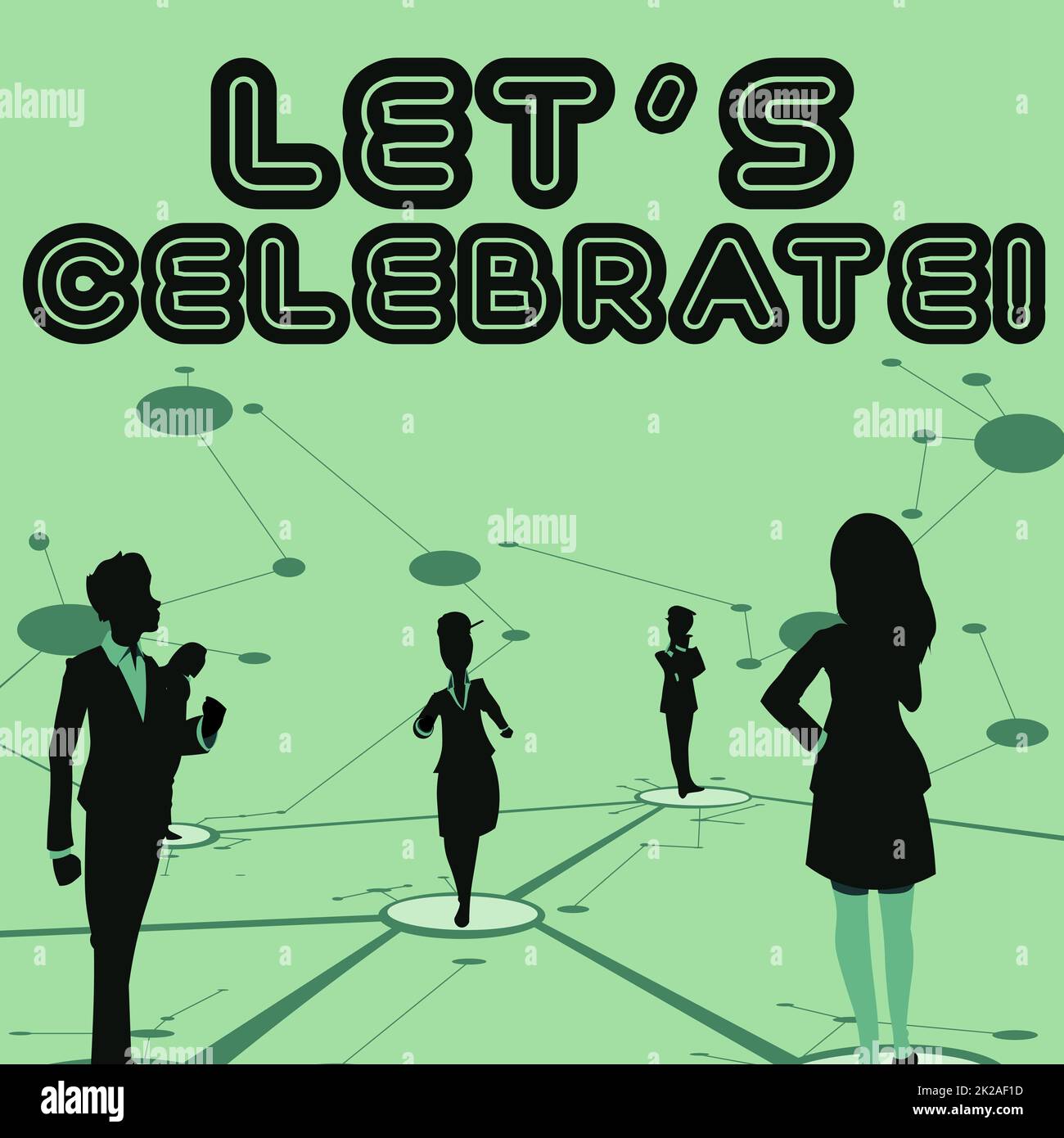 Esposizione concettuale festeggiamo. Concetto che significa festa o altro evento sociale in un giorno o un'occasione speciale diversi membri del team in piedi pensiero separato linee connesse sul pavimento. Foto Stock