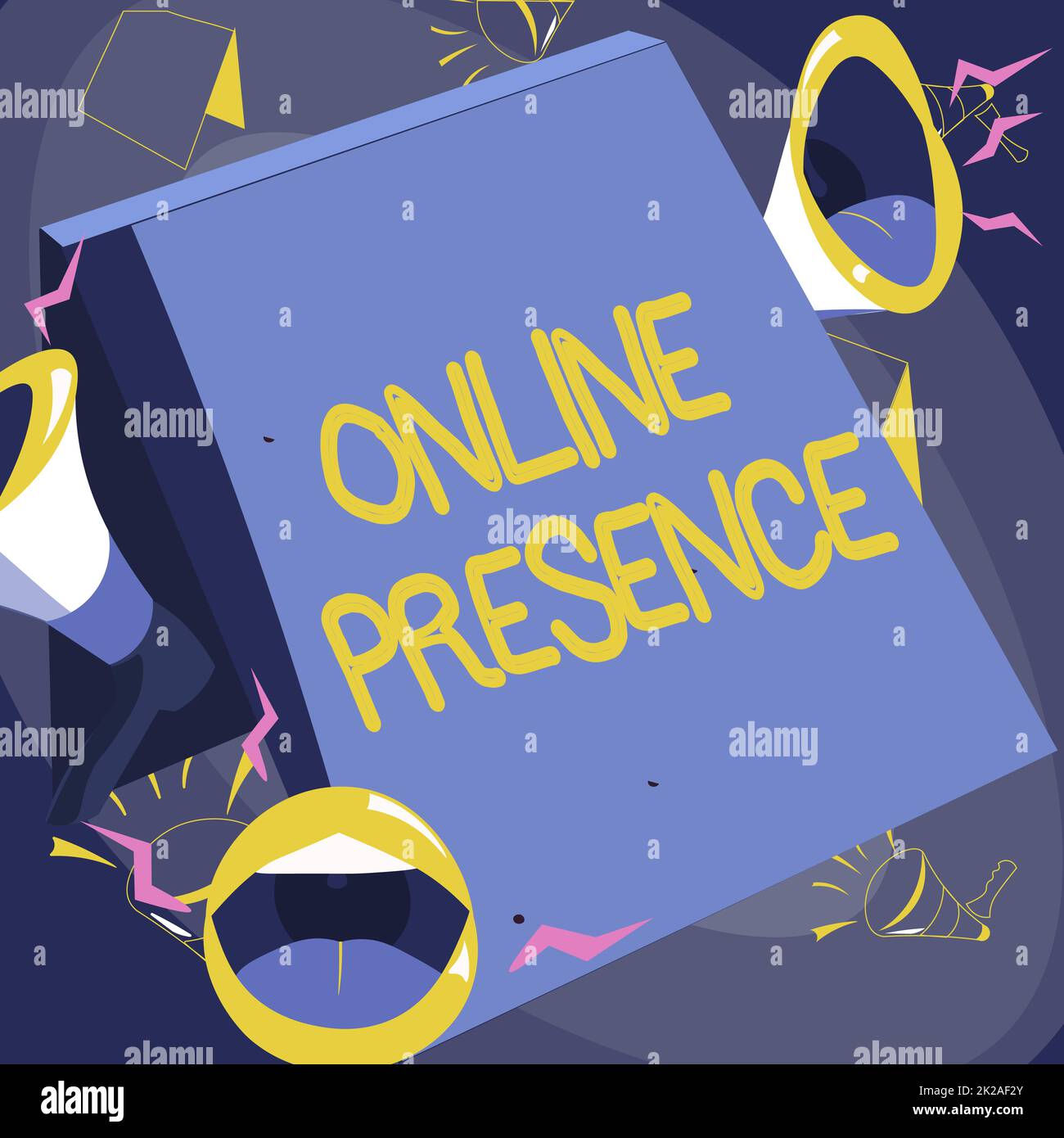 Mostra la presenza online. Parola scritta sull'esistenza di qualcuno che può essere trovato via una ricerca in linea le labbra megafoni ad alta voce fare nuovo annuncio al pubblico. Foto Stock