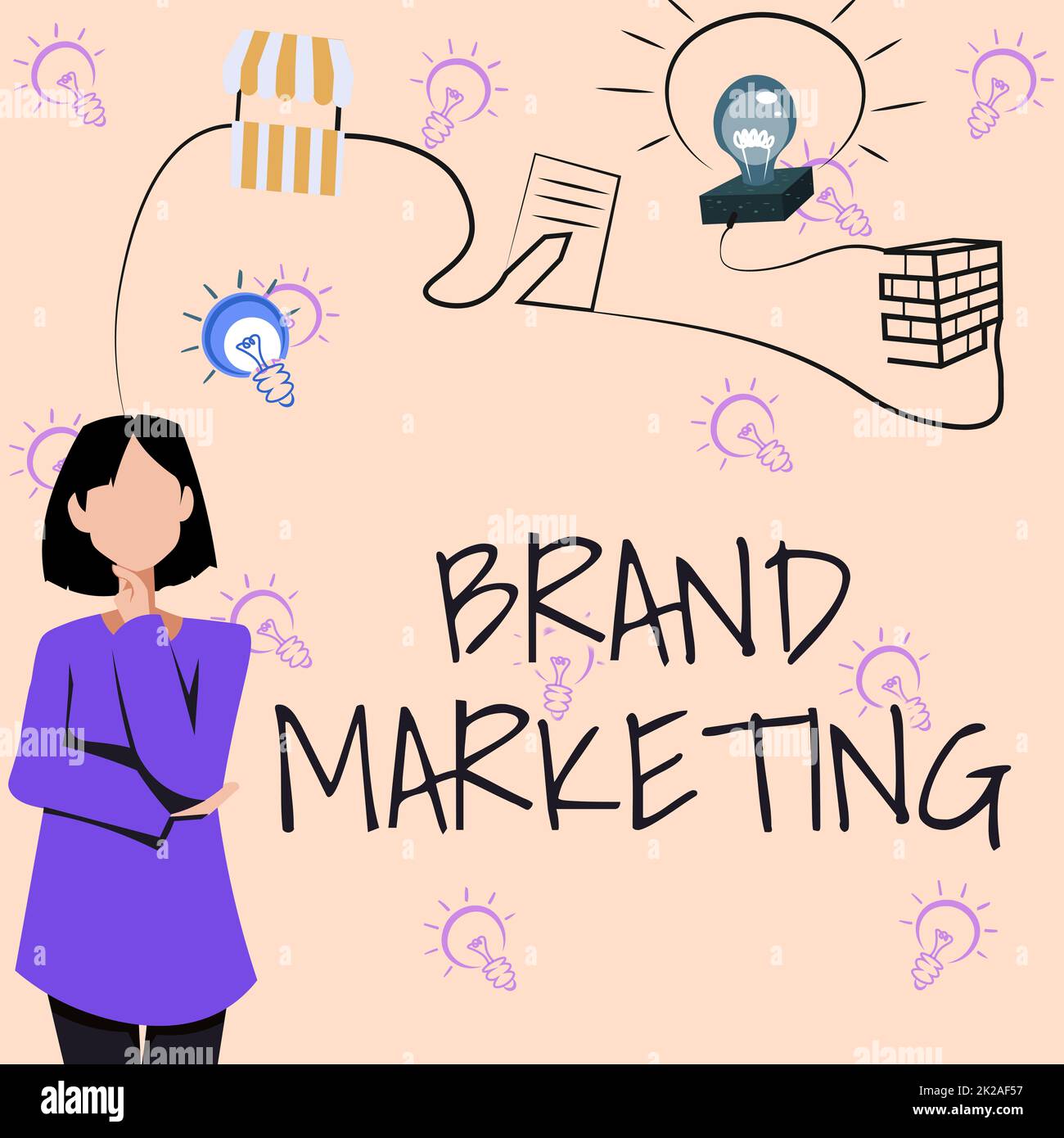 Cartello che mostra Brand Marketing. Idea di business creare consapevolezza sui prodotti in tutto il mondo Donna pensiero innovativo idee leader verso un futuro stabile. Foto Stock