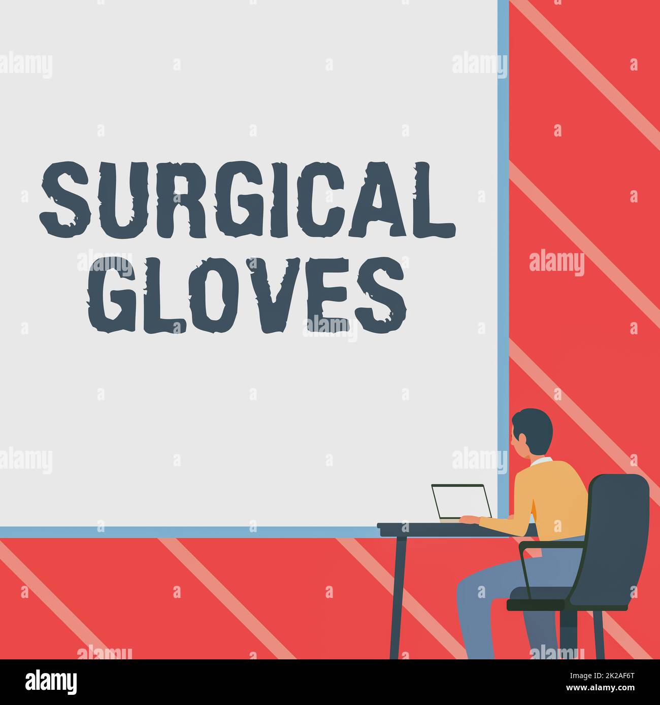 Guanti chirurgici ispirati al segno. Panoramica aziendale per proteggere dall'esposizione a materiali infettivi uomo seduto Poltrona con laptop collocato sul tavolo con grande lavagna vuota. Foto Stock