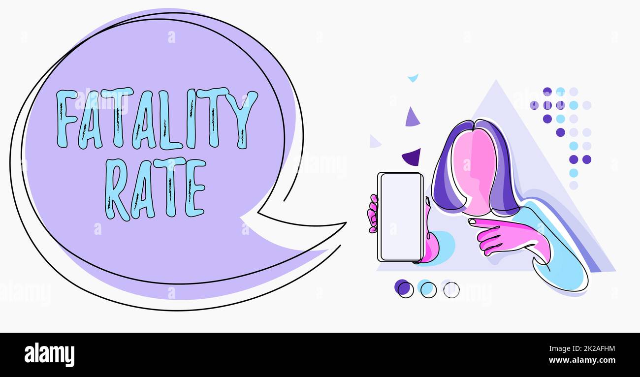 Segnale che visualizza la percentuale di Fatalità. Business idea calcolato il numero di morti su una specifica gamma di periodo linea disegno per Lady Holding Telefono presentare nuove idee con Speech Bubble. Foto Stock
