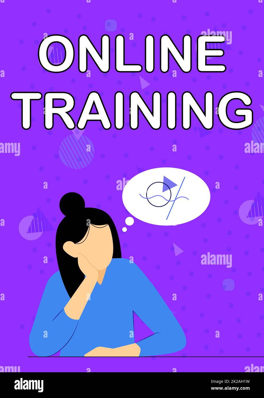 Text caption presentare Online Training, Word per una certa abilità è solo insegnato e raggiungibile su Internet Illustrazione di Lady pensare profondamente Alo Foto Stock