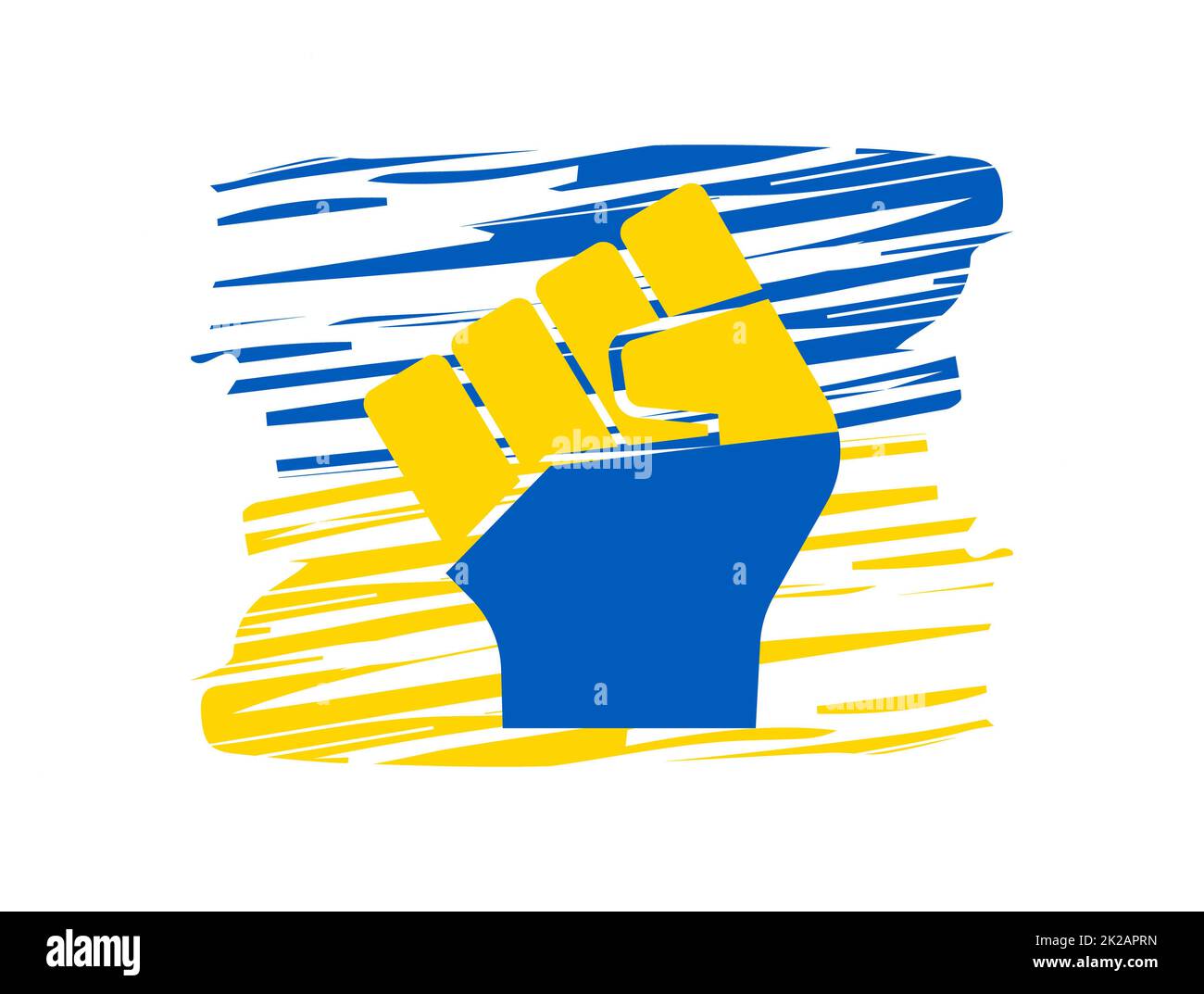 Pugno umano colorato in bandiera nazionale su sfondo vernice bandiera Ucraina. Concetto di resistenza. Fermare la guerra tra Russia e Ucraina. Solidarietà con l'Ucraina e i patrioti ucraini. Pregate per l'Ucraina. Foto Stock