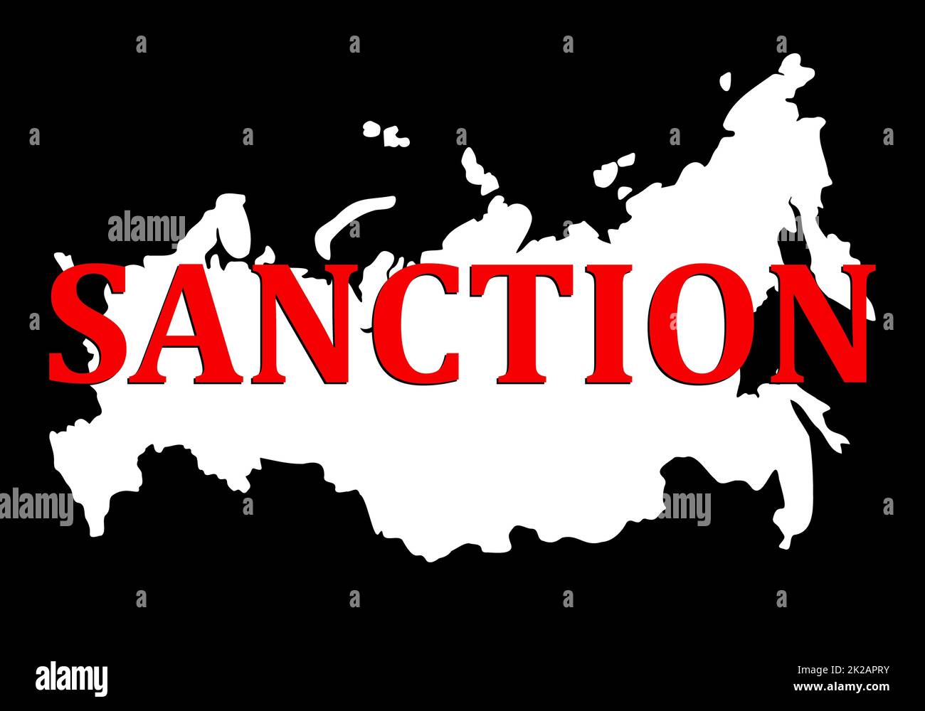 Sanzioni contro la Russia. Silhouette di mappa della federazione russa con sanzione in testo rosso. Crollo e distruzione dello Stato a causa del governo di Putin e degli attacchi contro un paese vicino, l'Ucraina. Foto Stock