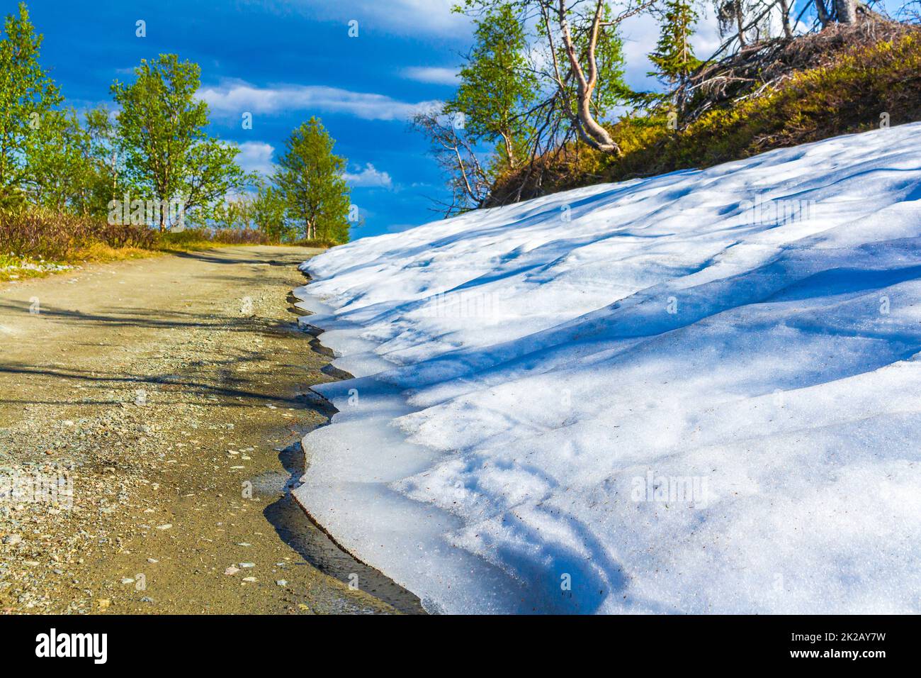Sciogliendo la neve sulla strada sul monte Hemsedal Norvegia. Foto Stock