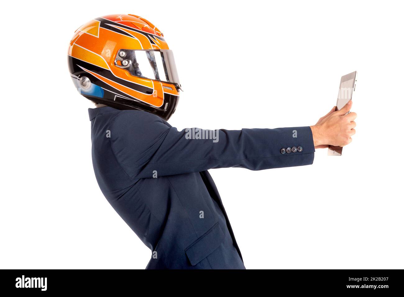 Uomo d'affari veloce con casco isolato in bianco, collegamento Foto Stock