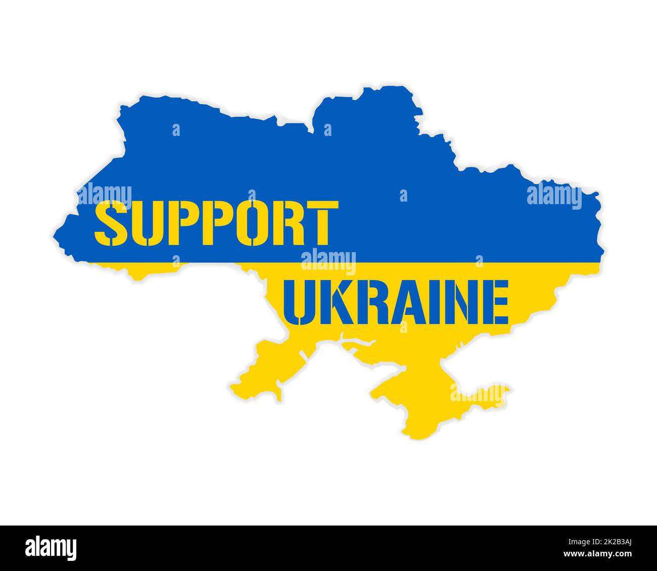 Supporto Ucraina - illustrazione vettoriale. Mappa Ucraina nei colori della bandiera nazionale. Idea concettuale blu e gialla - sostenere il paese Ucraina per il durante l'occupazione russa. Stop alla guerra. Foto Stock