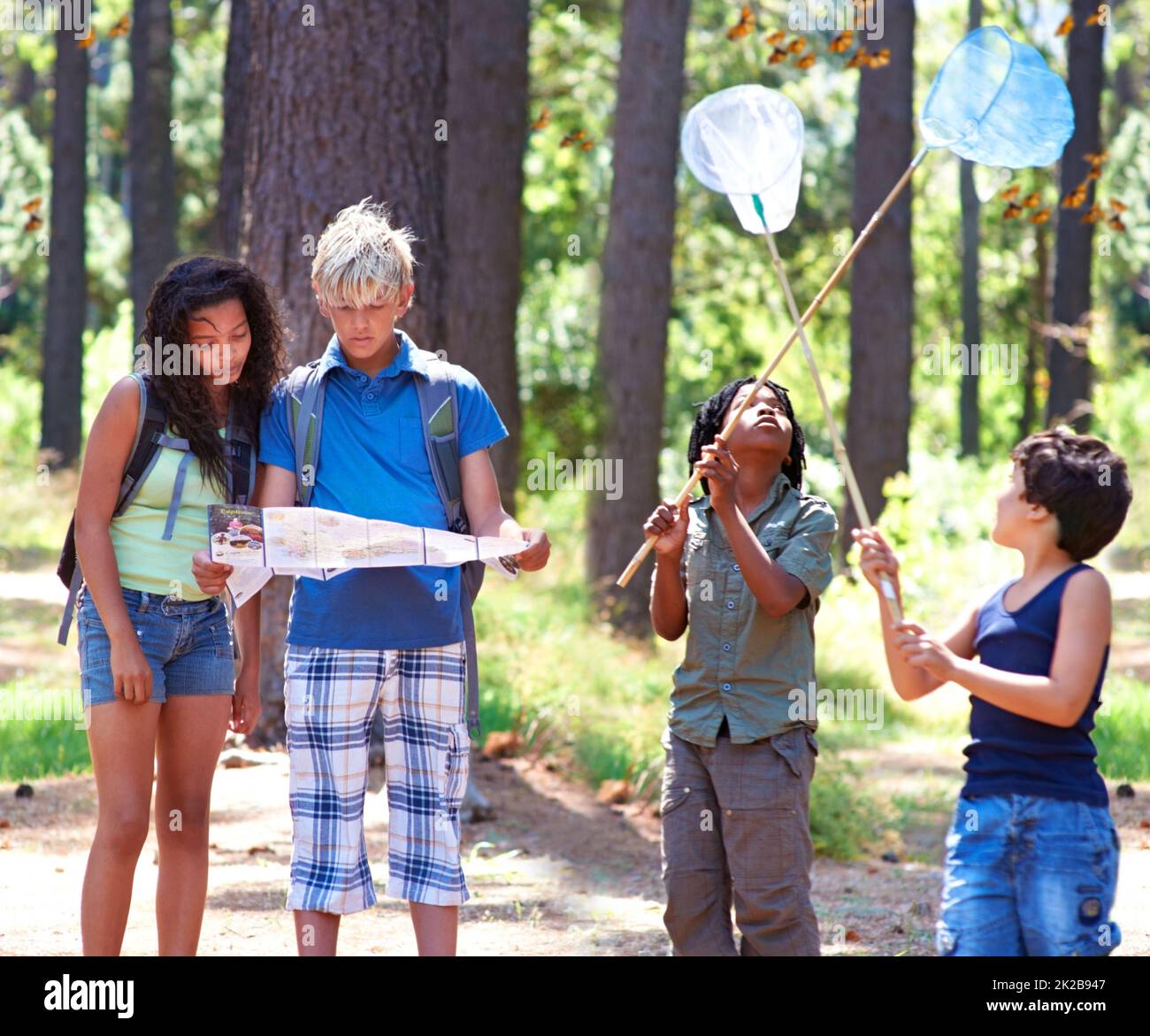 Un'esperienza all'aperto. Ragazzi multietnici che esplorano una mappa mentre si trovano fuori in una foresta. Foto Stock