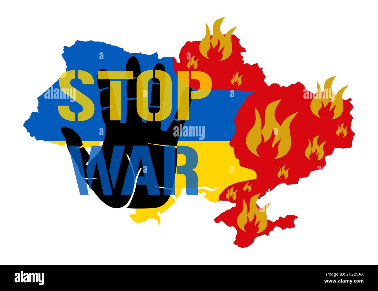 Stop guerra - palma. Salvare l'Ucraina. Mappa stilizzata dell'Ucraina con bandiera nazionale e attaccati territori brucianti sotto forma di una testa sanguinosa un usurpatore. Sanguinare la mappa Ucraina sul fuoco con i bambini a mano aperta. Foto Stock