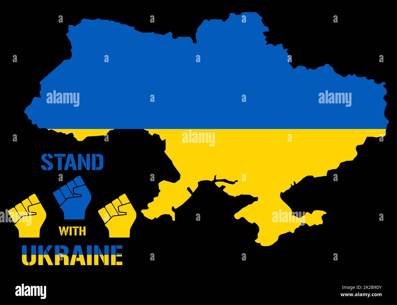 Stand con lo slogan Ucraina - pugno sollevato . Concept salvare l'Ucraina dalla Russia e si prega di fermare la guerra. Testo ucraino sulla mappa colori. Pregate per la pace in Ucraina. Tutto il mondo prega per l'Ucraina. Mano vettoriale. Foto Stock