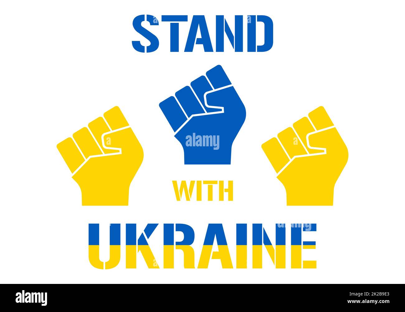 Stand con Ucraina slogan - pugno. Concept salvare l'Ucraina dalla Russia e si prega di fermare la guerra. Testo ucraino a colori della bandiera. Pregate per la pace in Ucraina. Tutto il mondo prega per l'Ucraina. Vettore mano rialzato Foto Stock