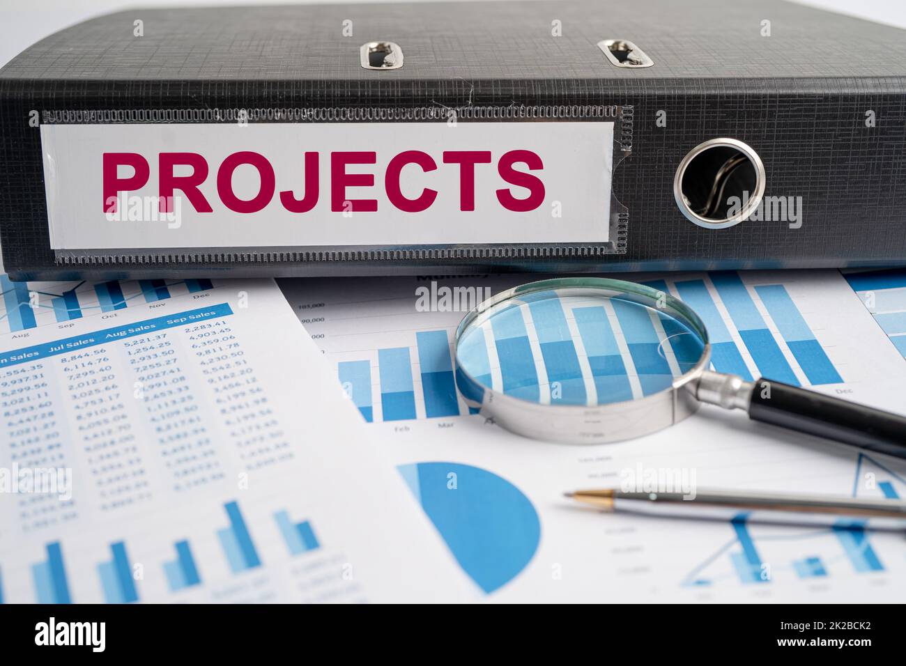 Progetto, Binder data finance report business con analisi grafica in ufficio. Foto Stock