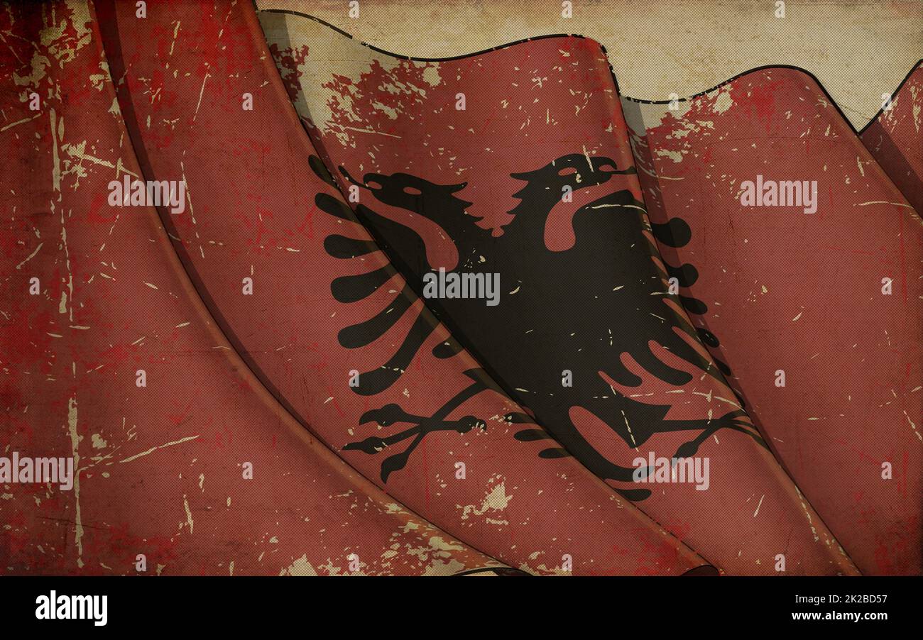 Stampa su carta vecchia - sventolando la bandiera dell'Albania Foto Stock