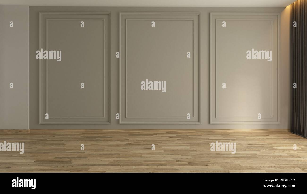 Camera vuota con pareti dai classici moderni pannelli e pavimento in legno in 3D° rendering Foto Stock