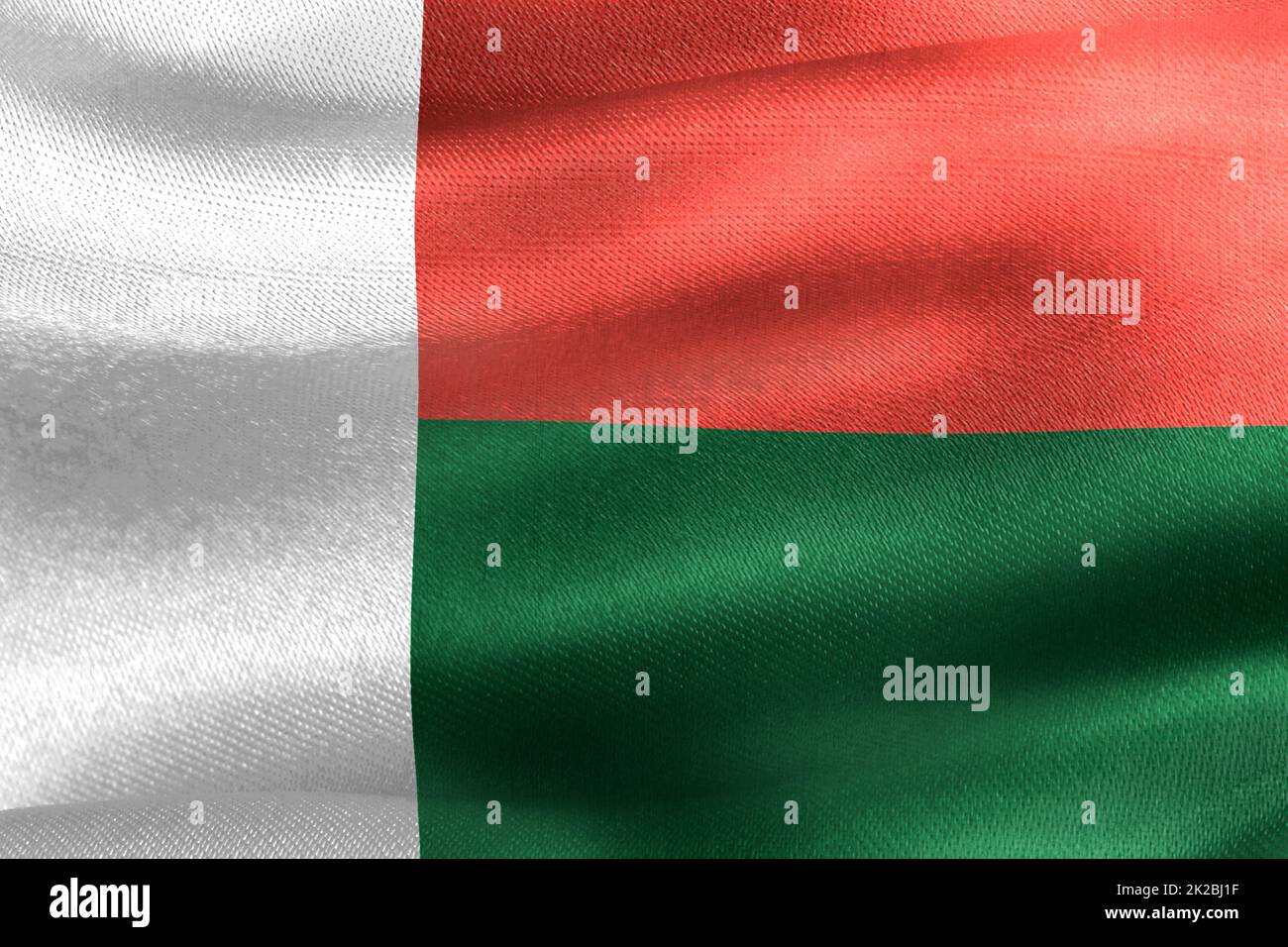 3D-Illustrazione di una bandiera del Madagascar - bandiera di tessuto di ondulazione realistica Foto Stock