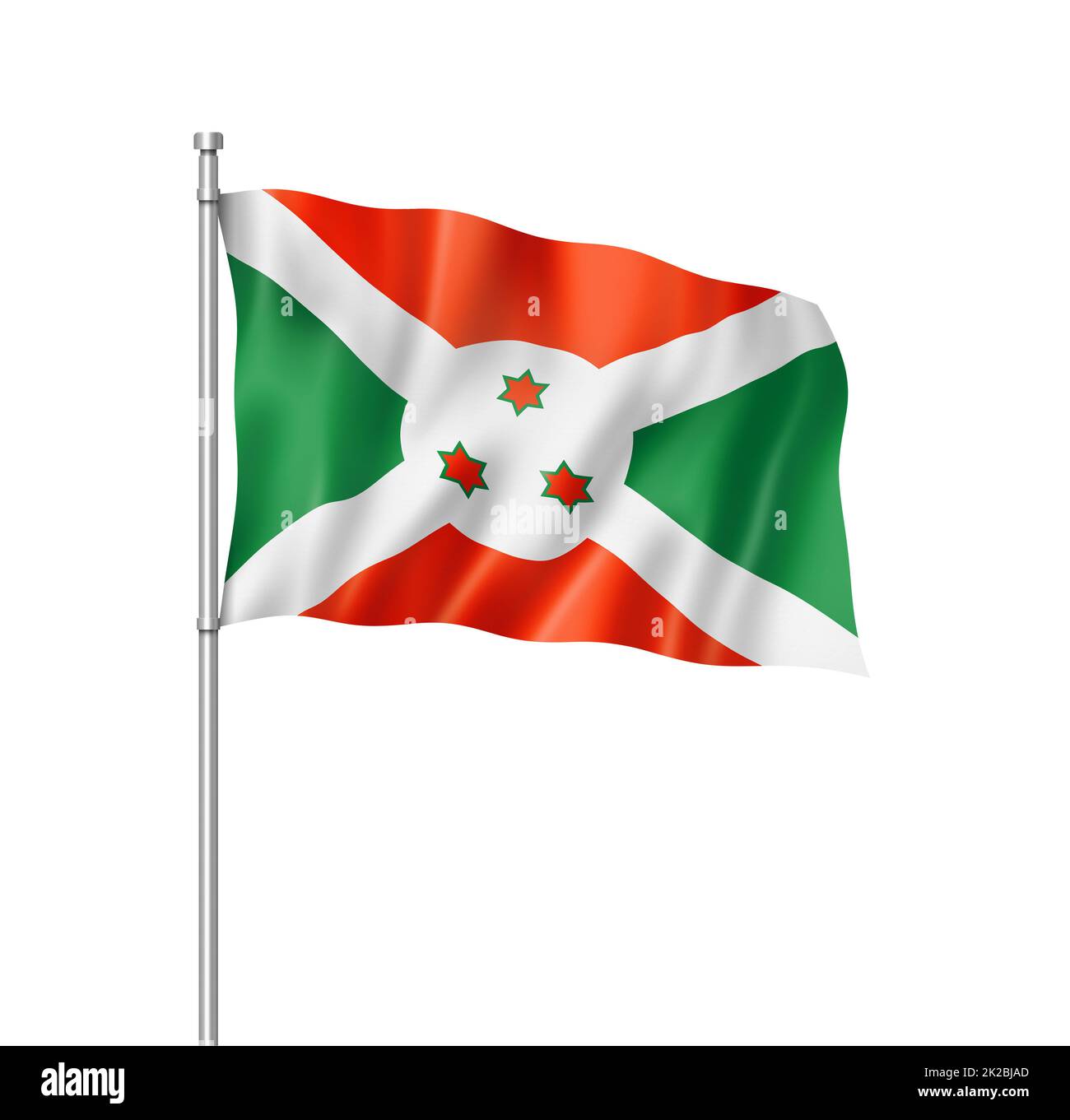 Bandiera burundese isolata su bianco Foto Stock