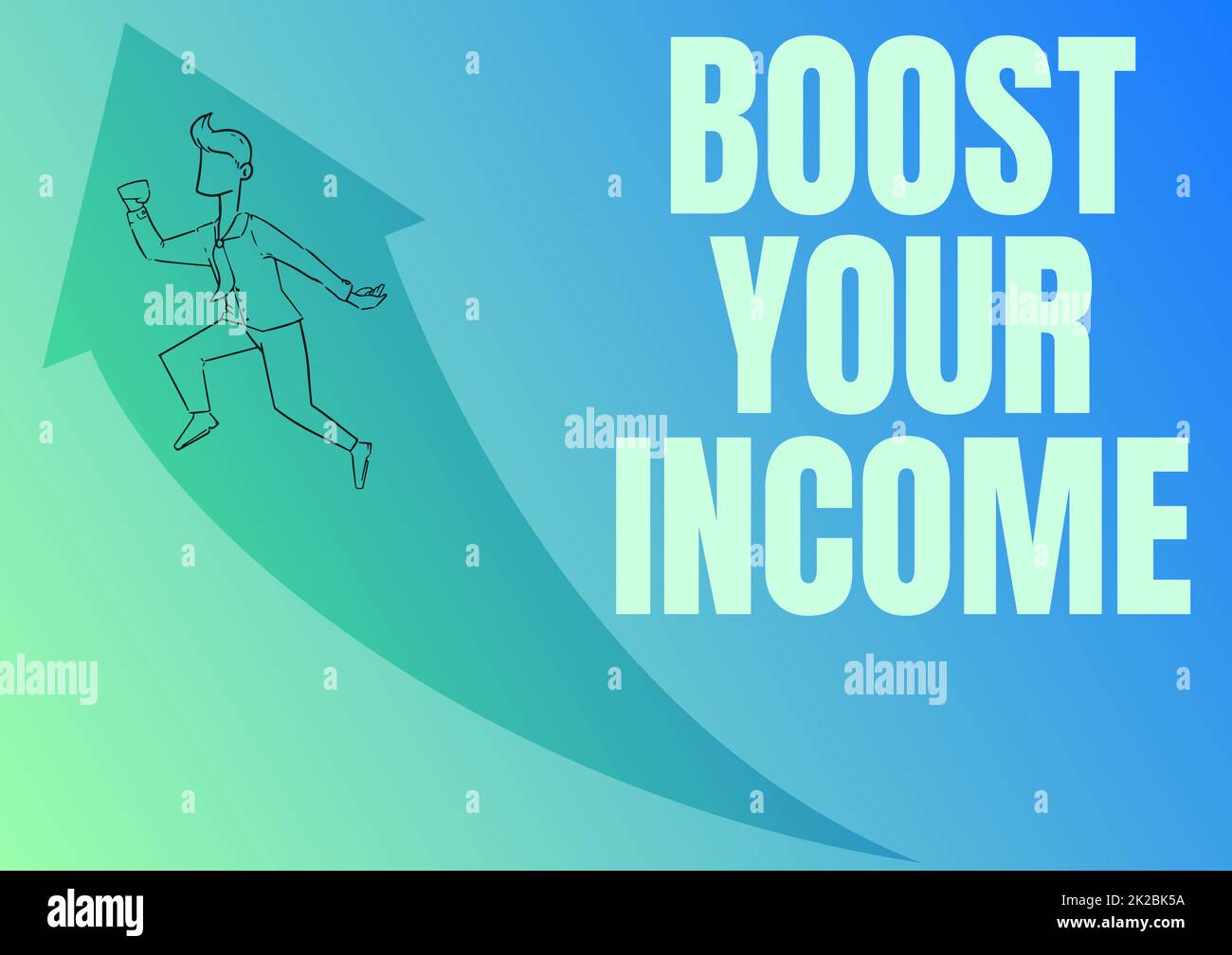 Segno che visualizza aumenti il vostro reddito, concetto del Internet migliora il vostro commercio per aumentare il reddito o illustrazione di profitto di uomo d'affari felice che funziona in su W Foto Stock