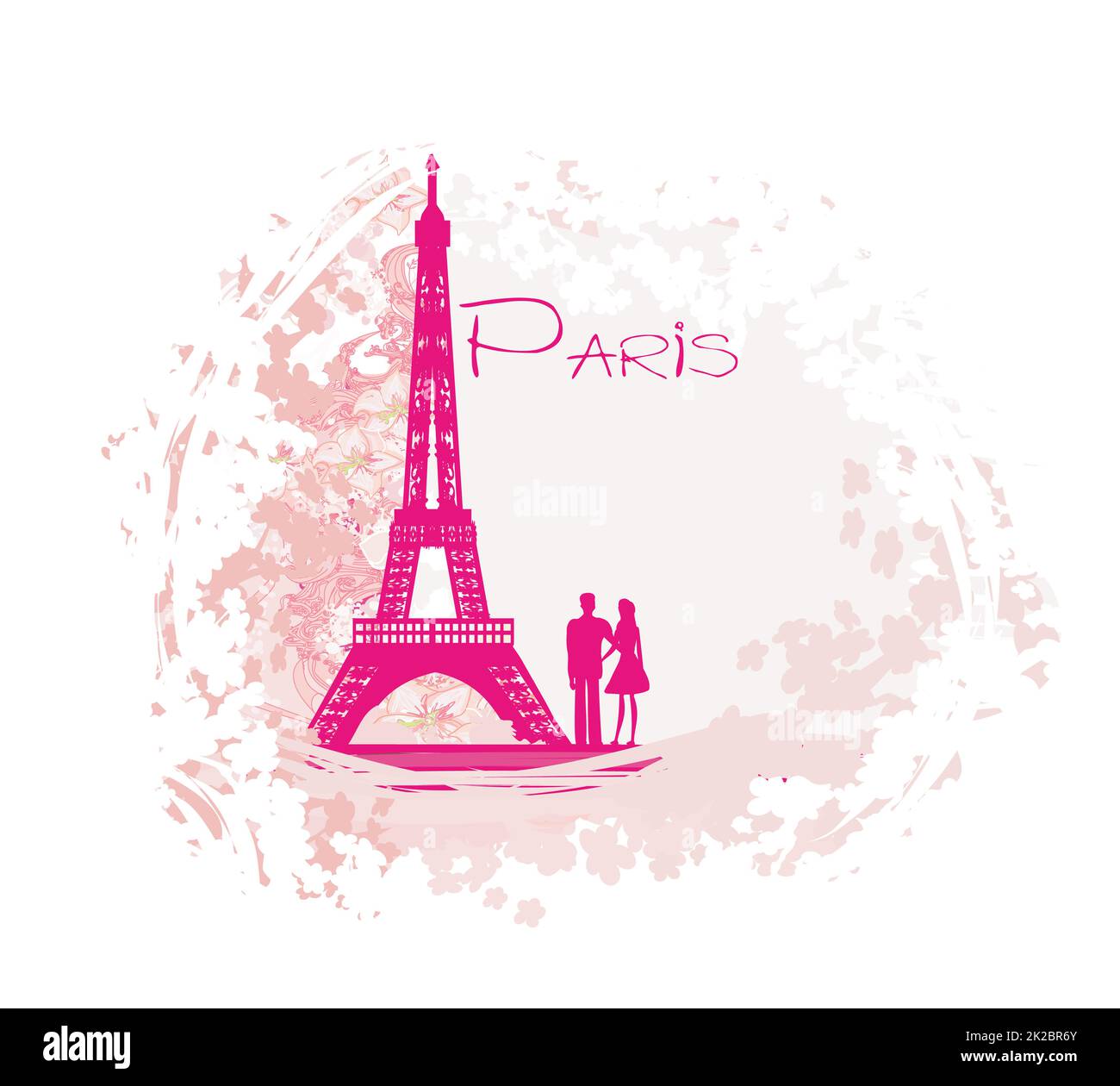 Carta romantica fiore con coppia a Parigi Foto Stock