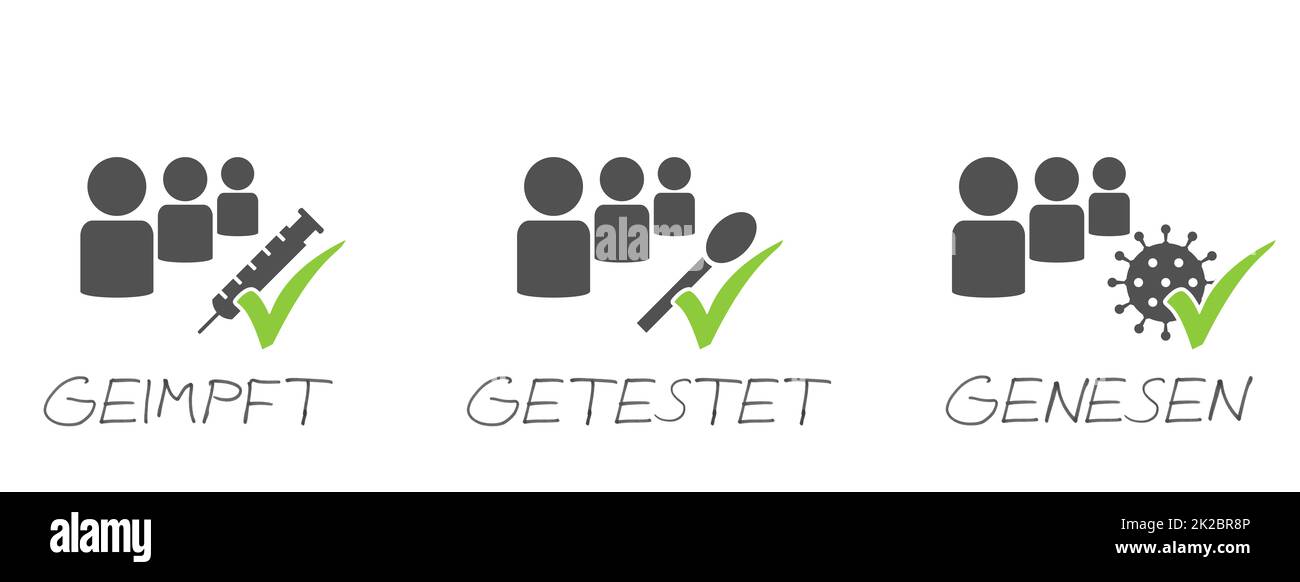 Vaccinato, testato e recuperato - banner icona testo tedesco Foto Stock