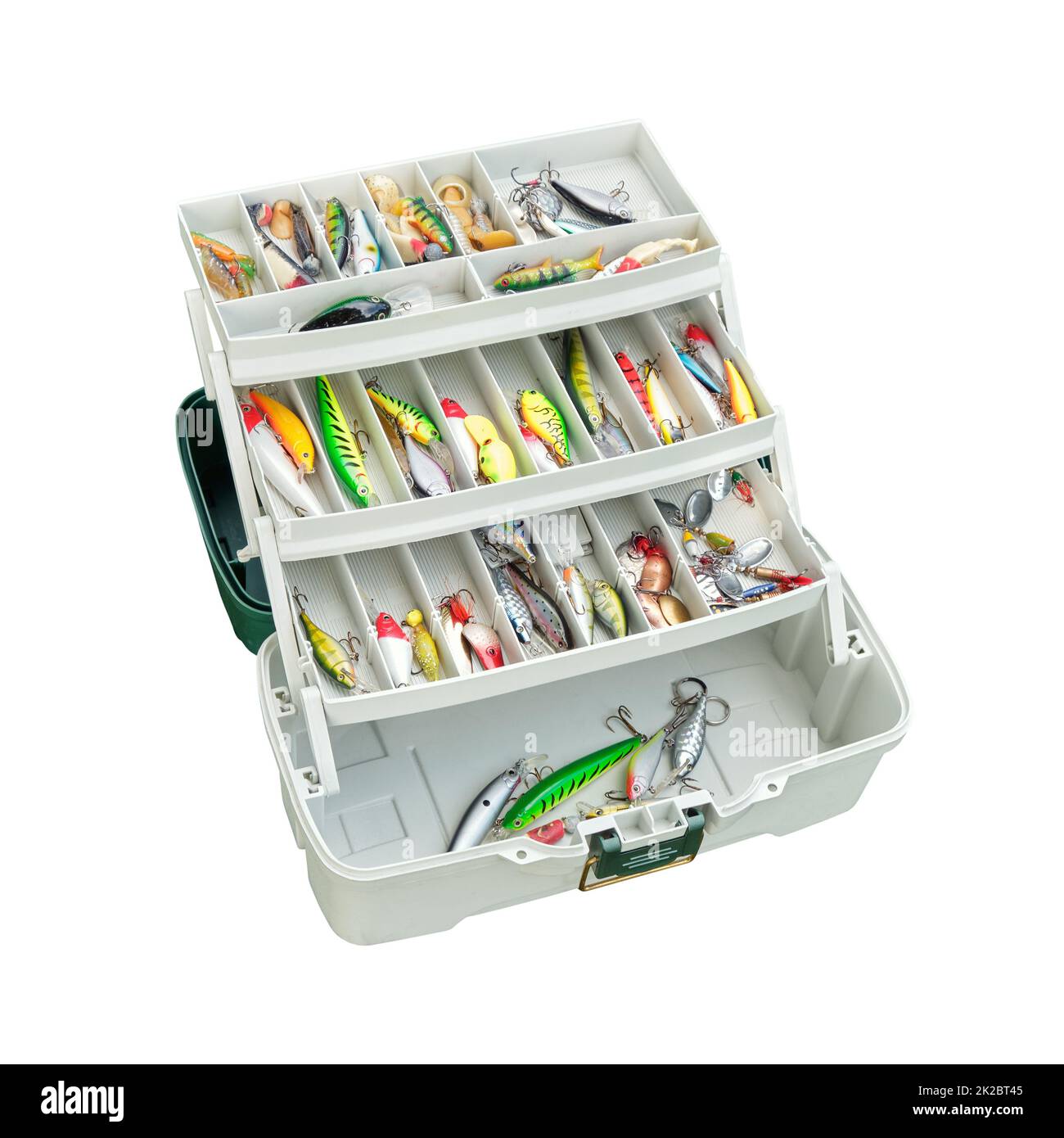 Esche colorate di pesca in aperta scatola di attrezzatura pescatori isolato su bianco Foto Stock
