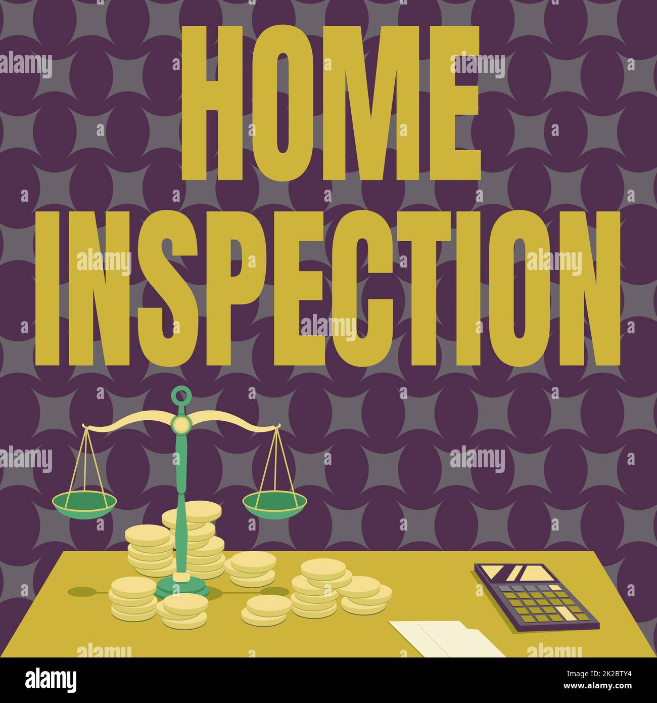 Scrittura a mano segno Home Inspection. Internet Concept esame della condizione di una casa relativa bilancio della proprietà Scala circondata da monete Calcolatrice conteggio Mortgages finanziari. Foto Stock