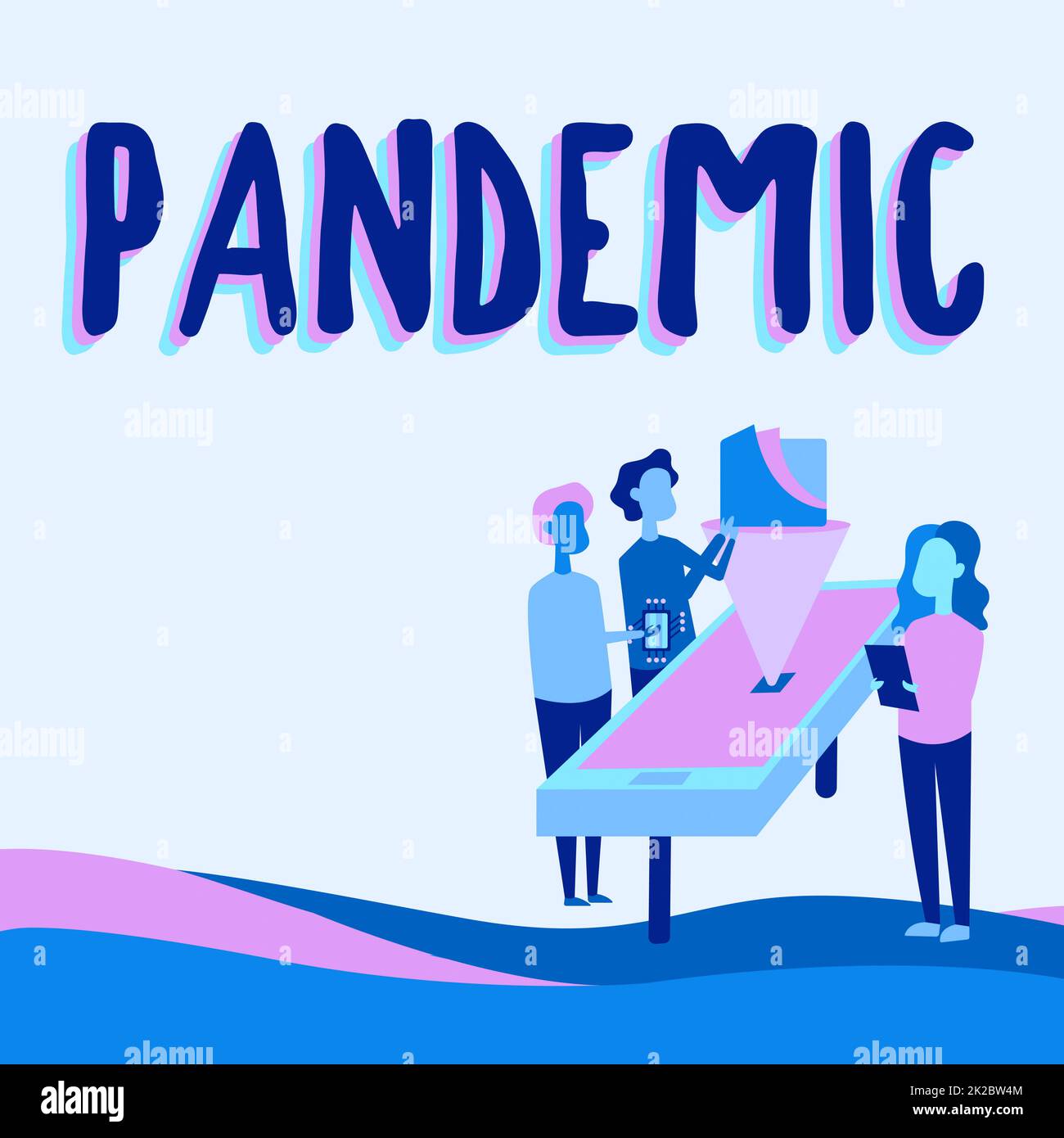 Didascalia di testo con pandemia. Concetto Internet che si verifica su una vasta area che interessa un'alta percentuale di colleghi della popolazione che disegnano in piedi accanto al grafico proiezione tabella. Foto Stock
