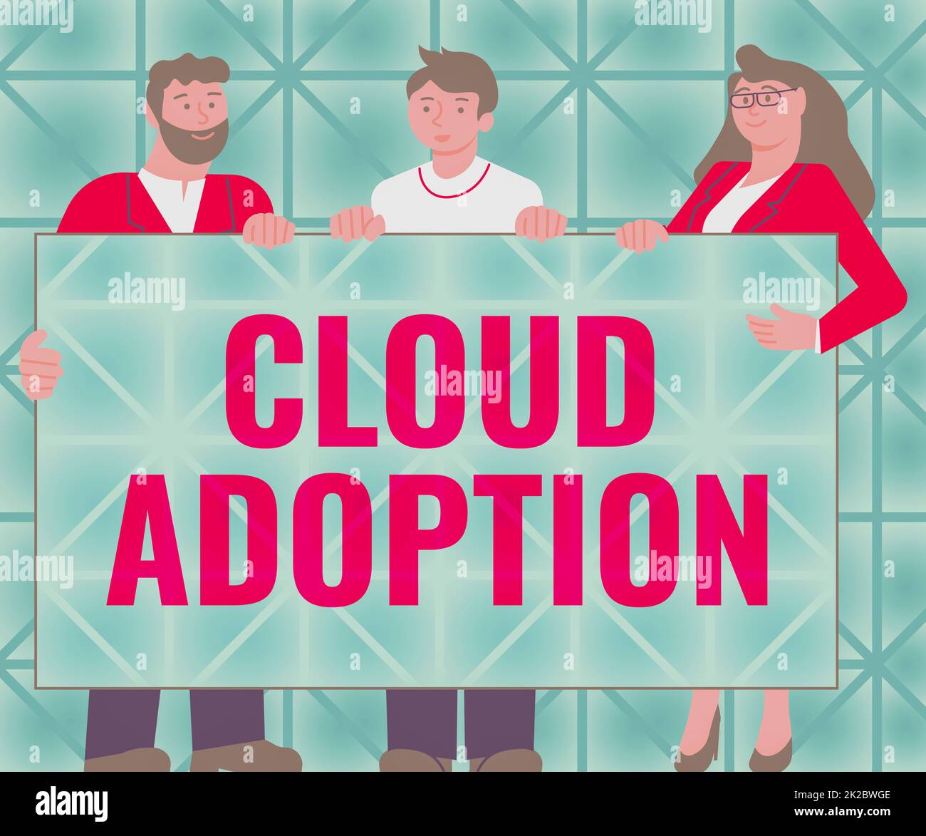 Ispirazione che mostra Sign Cloud Adoption. Concetto di Internet mossa strategica da parte delle organizzazioni di ridurre i costi e il rischio tre colleghi Holding Presentation Board mostrando nuove idee. Foto Stock