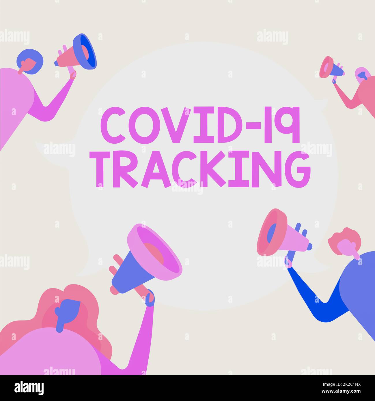 Ispirazione che mostra il segno Covid 19 Tracking. Parola per distinguere il processo dei possibili individui infetti persone che disegnano tenendo i loro megafoni che parlano tra loro. Foto Stock