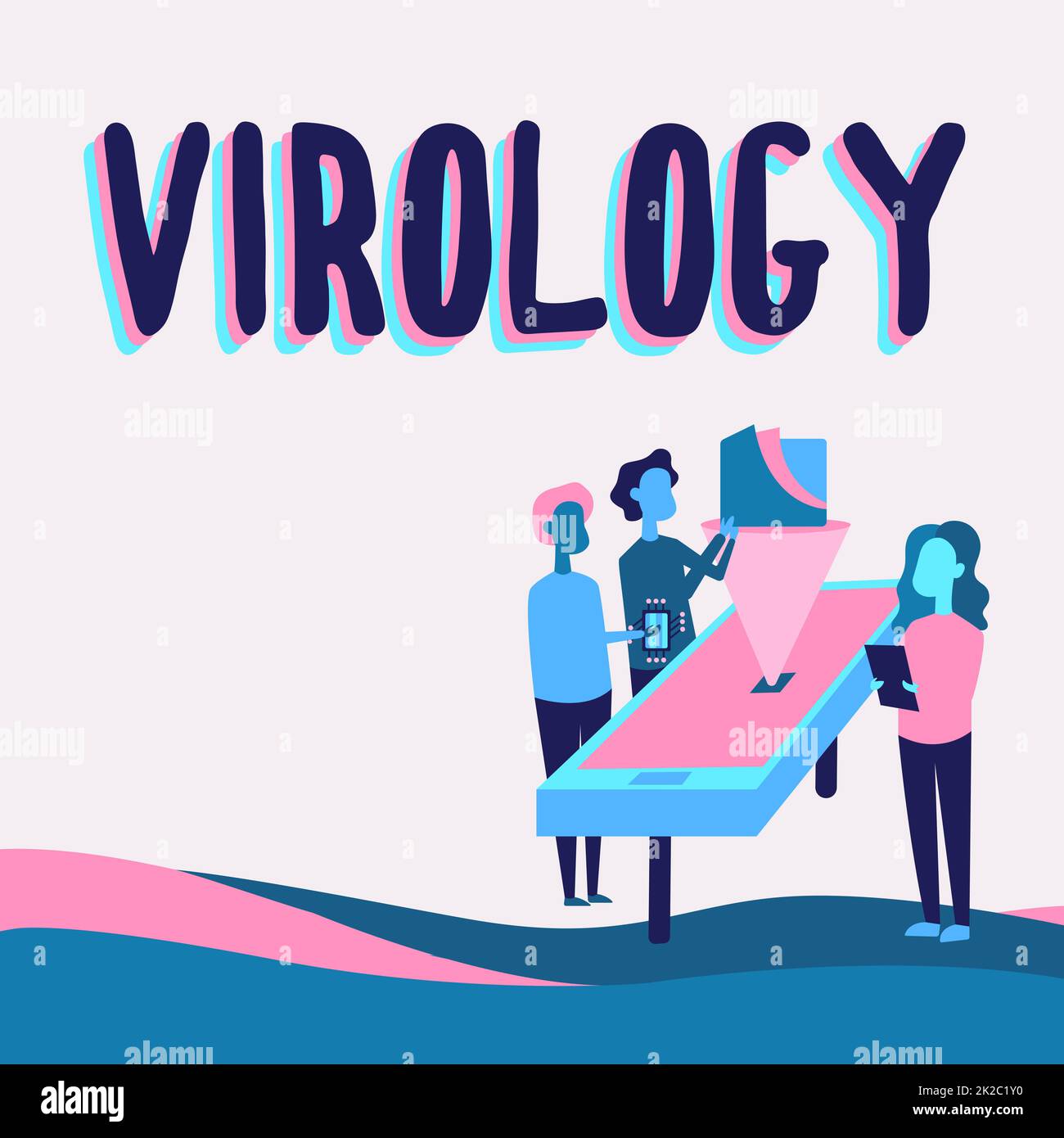 Testo grafia Virologia. Business Concept Virologia colleghi disegno in piedi accanto a Tabella proiezione grafico. Foto Stock