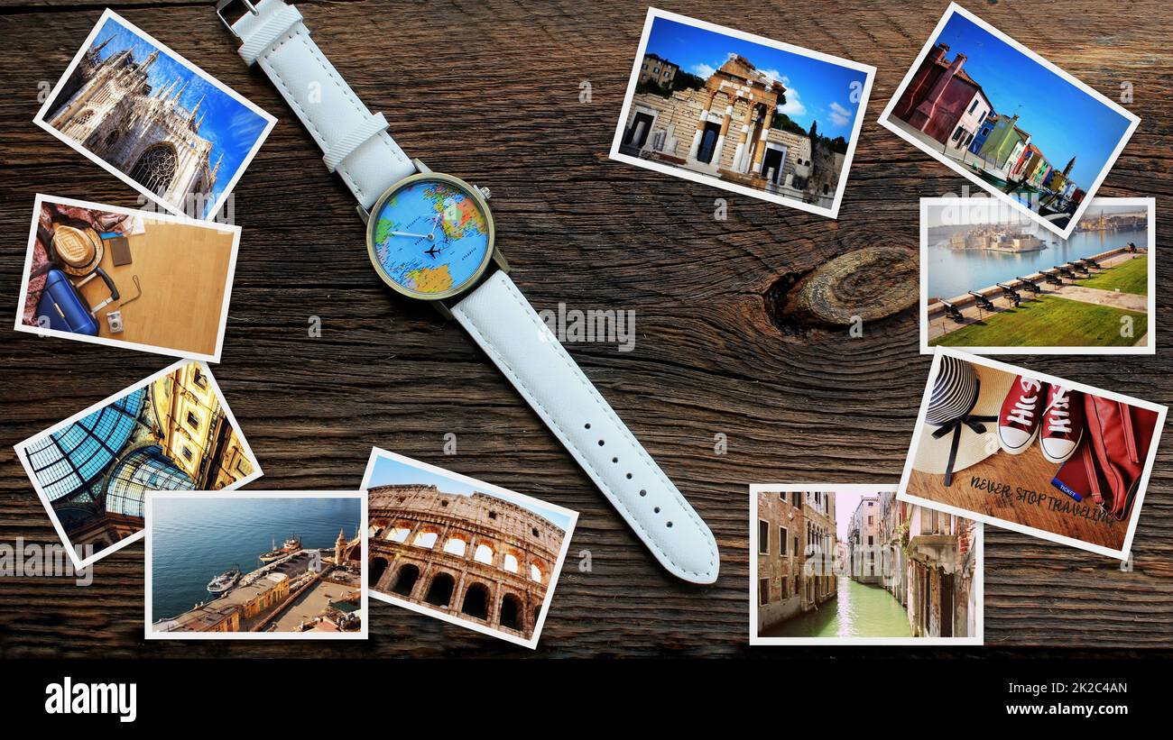 Collage di punti di riferimento europeo, set di immagini di viaggio. Guarda su sfondo di legno. Concetto di viaggio Foto Stock