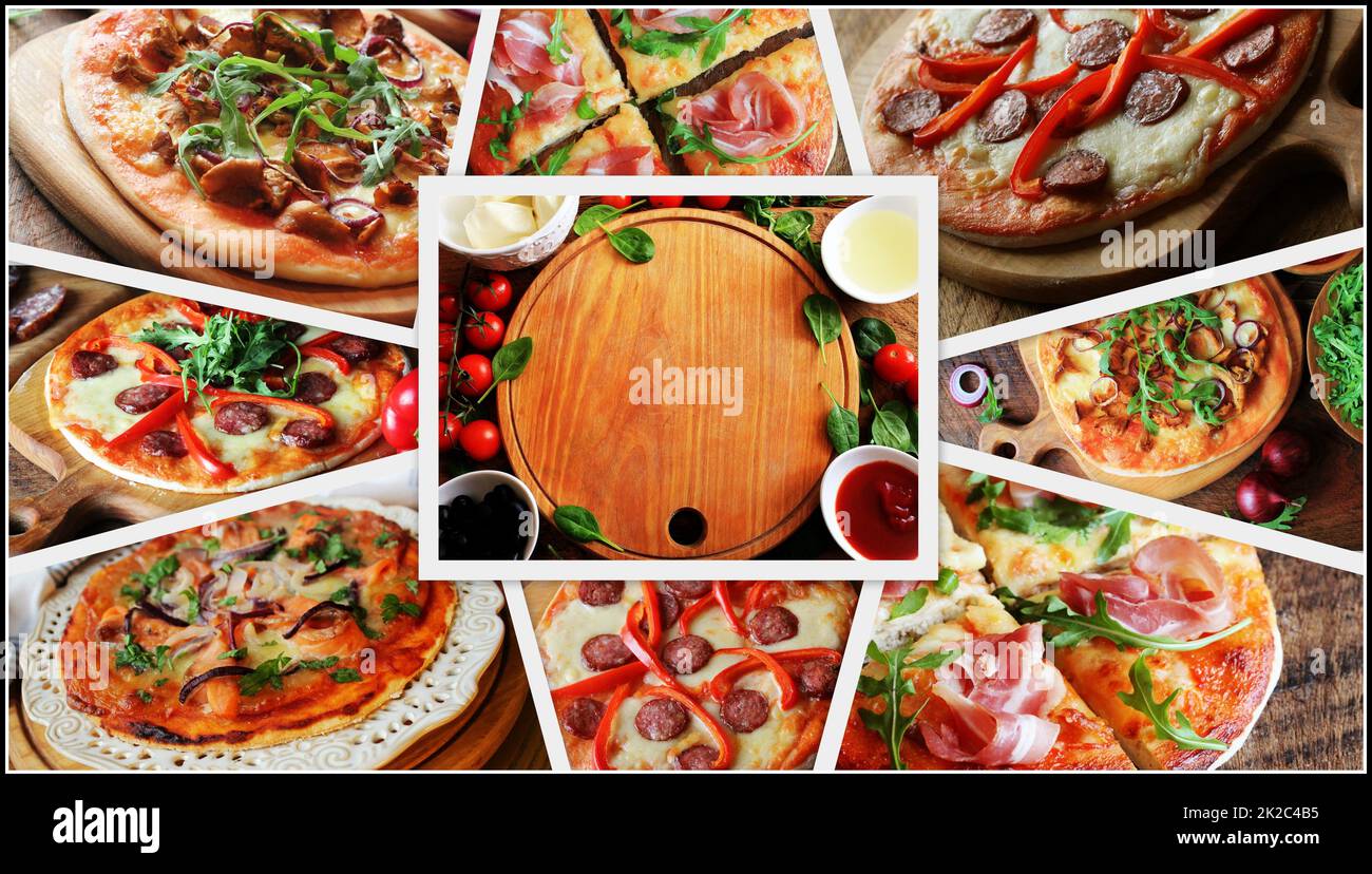 Collage con diversi tipi di pizza . Gli ingredienti alimentari per pizza sul tavolo di legno. Vista superiore Foto Stock