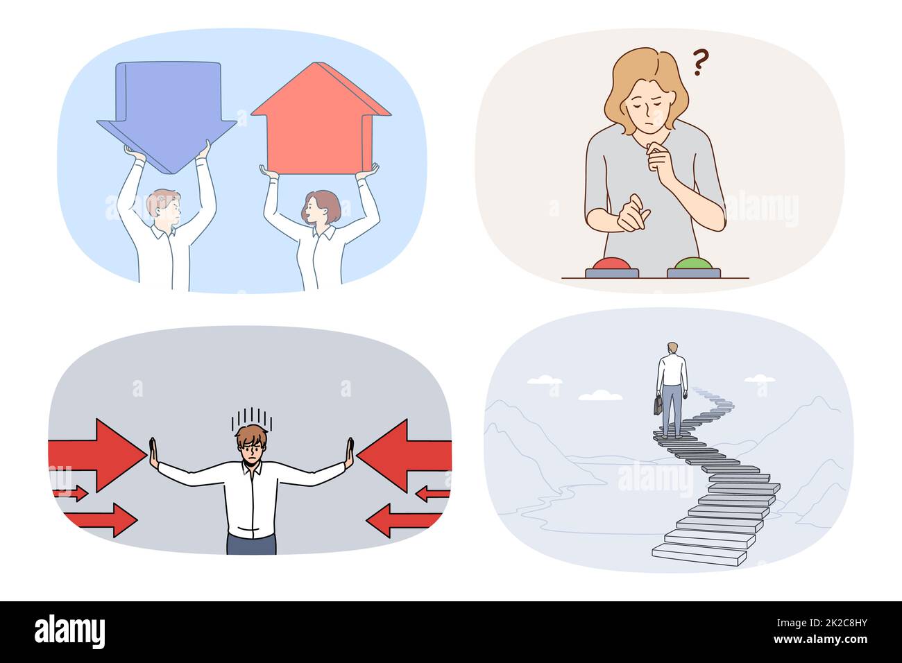 Insieme di diverse decisioni su come prendere una tempesta di idee Foto Stock
