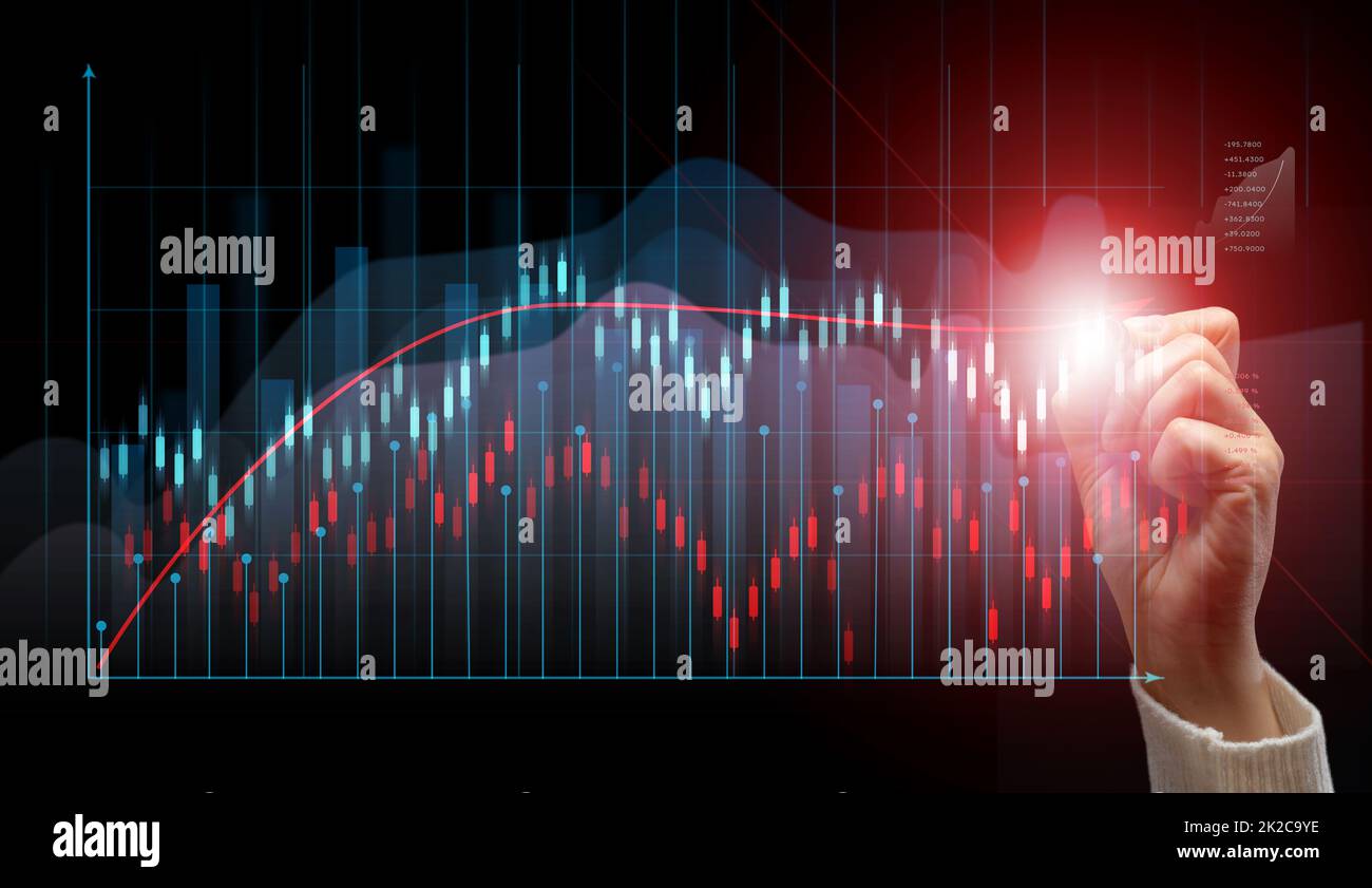 grafico olografico con tassi e indicatori in aumento. Concetto di crescita aziendale, elevata redditività, avvio di successo. La crescita del tasso di cambio Foto Stock