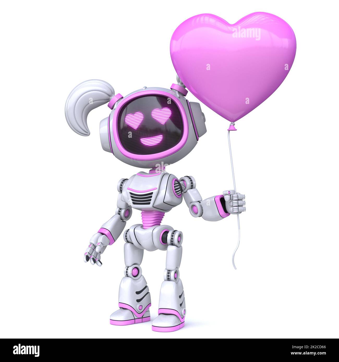 Carino rosa ragazza robot tenere cuore a forma di palloncino 3D Foto Stock