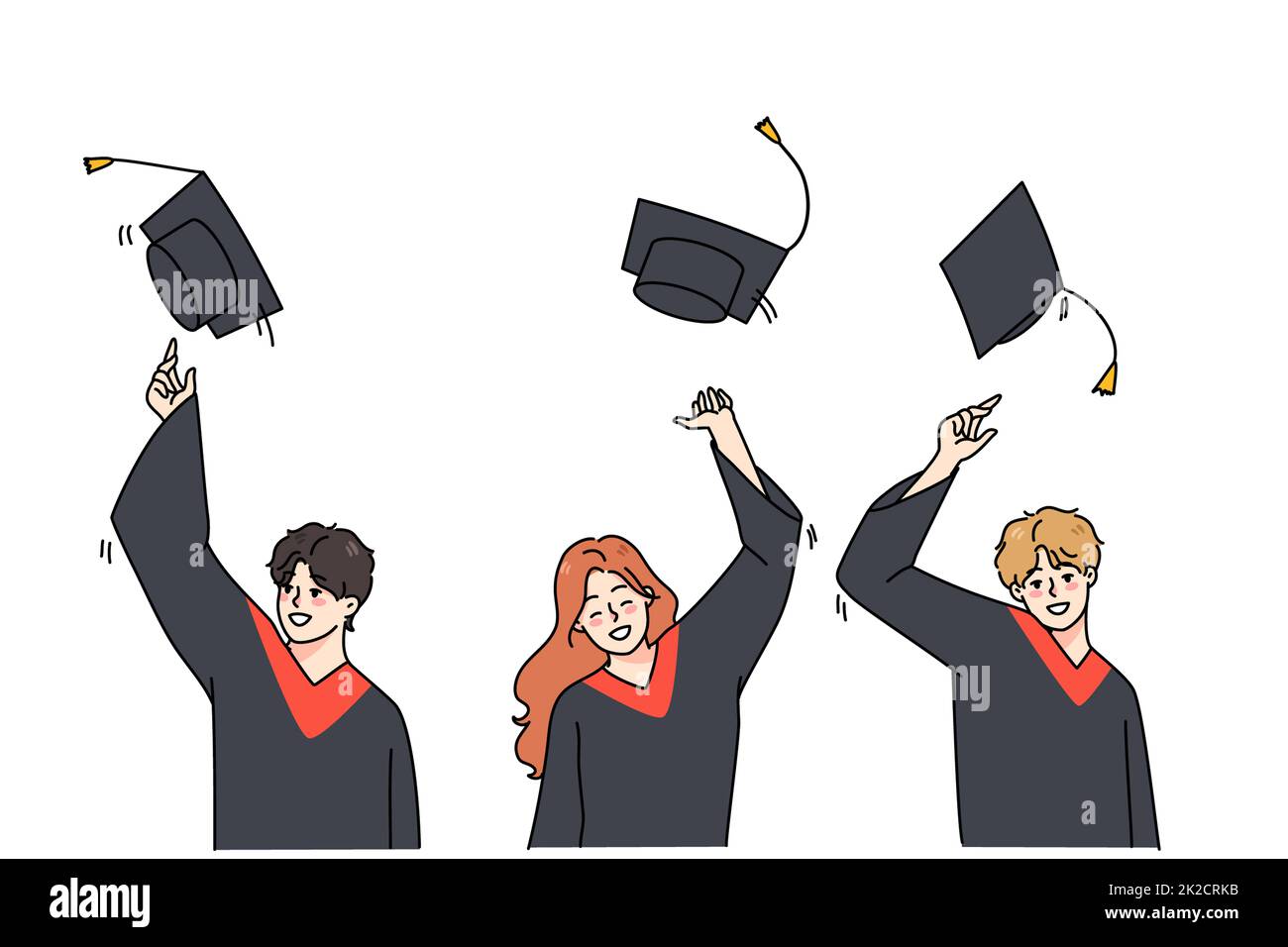 Gli studenti eccitati lanciano cappelli in aria celebrano la laurea Foto Stock Gli studenti eccitati lanciano cappelli in aria celebrano la laurea Foto Stock