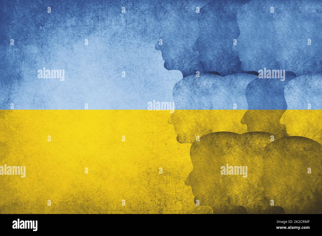 Immigrazione, rifugiati dall’Ucraina, asylem seeker, immigrati, silhouette di volti, diritti umani, conflitto russo Foto Stock