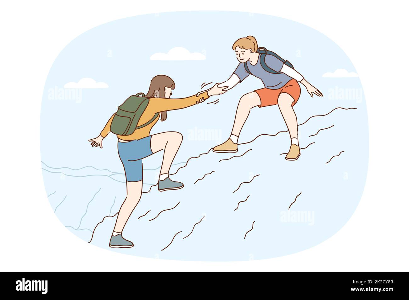 Ragazza aiutare amico arrampicata montagna insieme Foto Stock