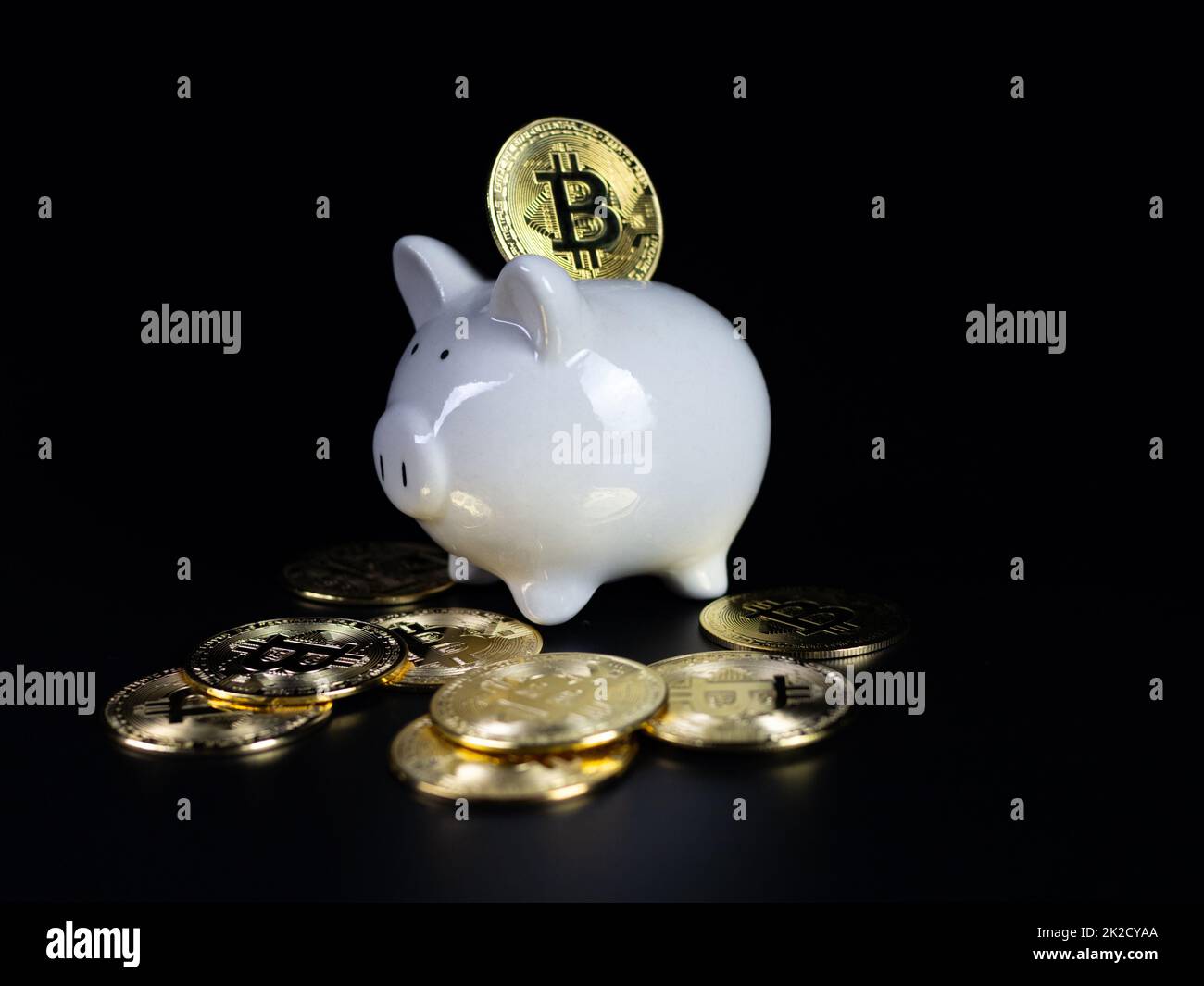 Le monete Bitcoin si trovano sul retro di una banca di porcellini bianchi, su sfondo nero Foto Stock