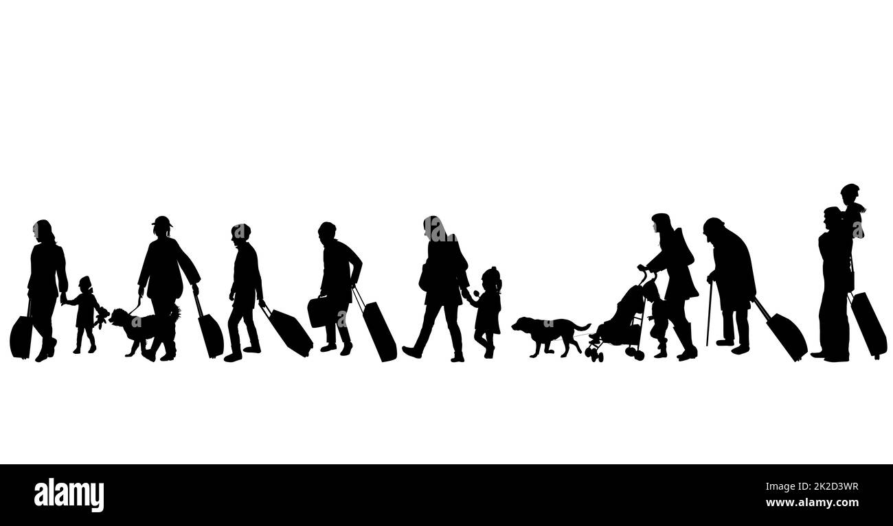 Silhouette di un gruppo di rifugiati su sfondo bianco Foto Stock
