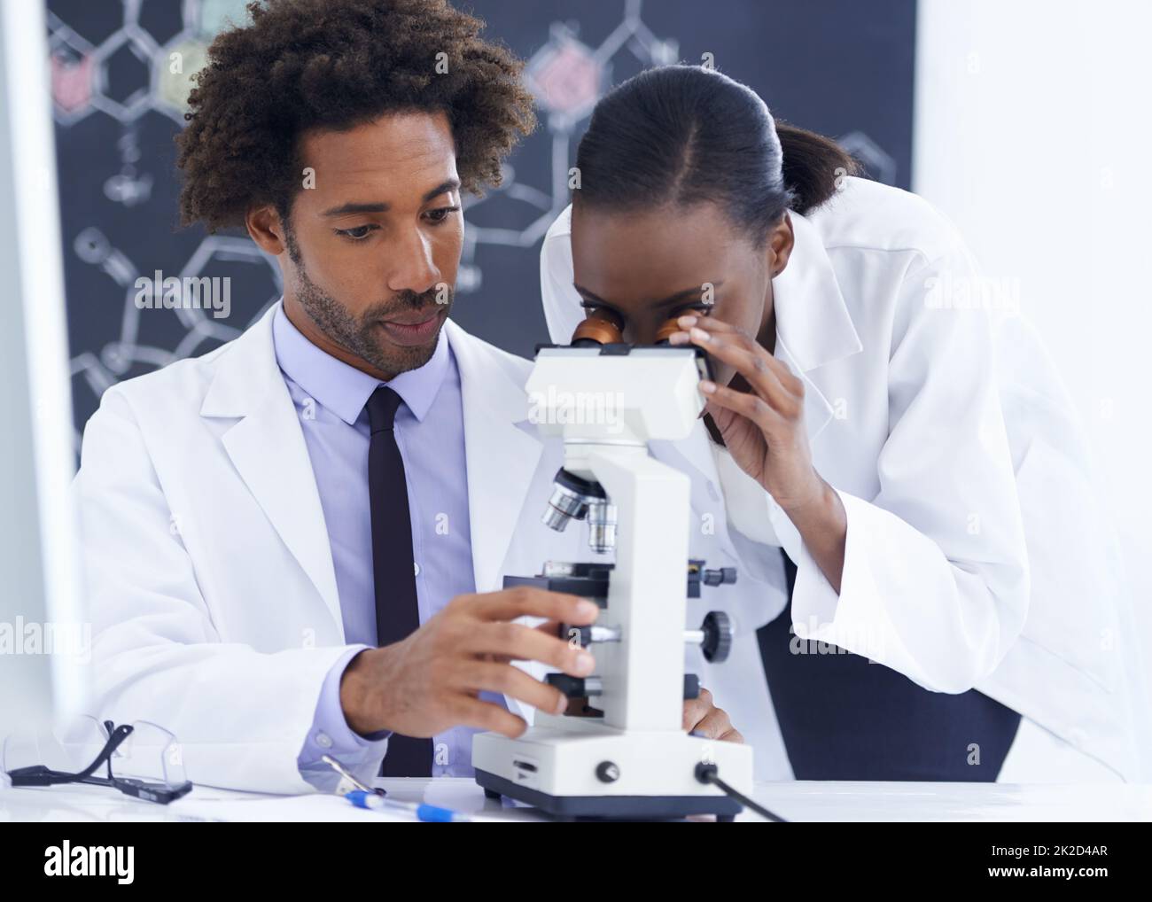 Vedere le cose da vicino. Shot di una biologa femminile che esamina qualcosa al microscopio con la sua collega. Foto Stock