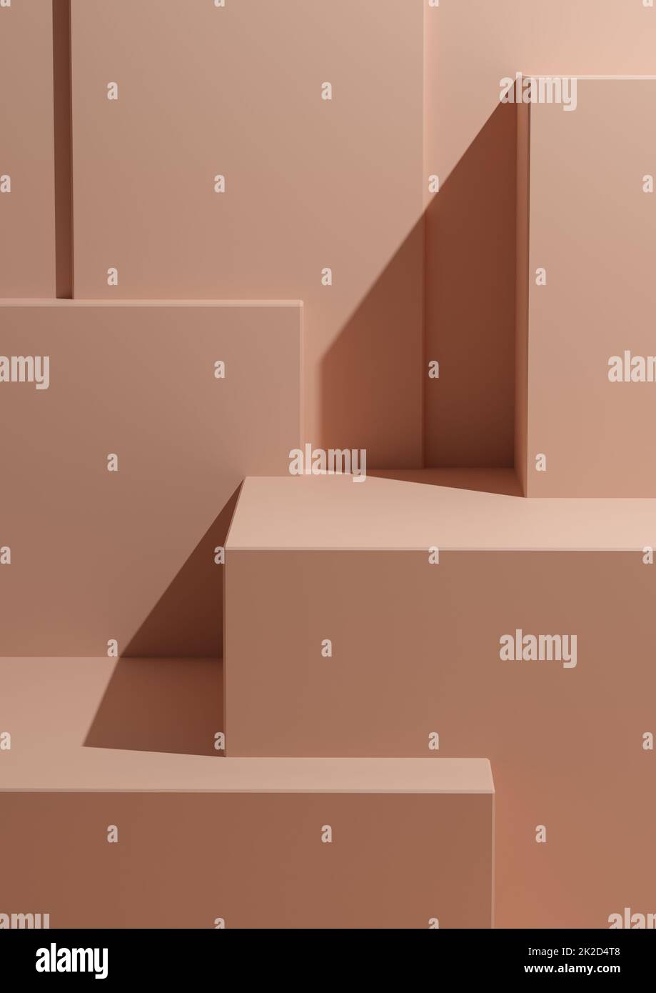 Minimal Salmon Pastel Pink background 3D Studio Mockup Scene con podi e livelli per la visualizzazione e la presentazione del prodotto Foto Stock
