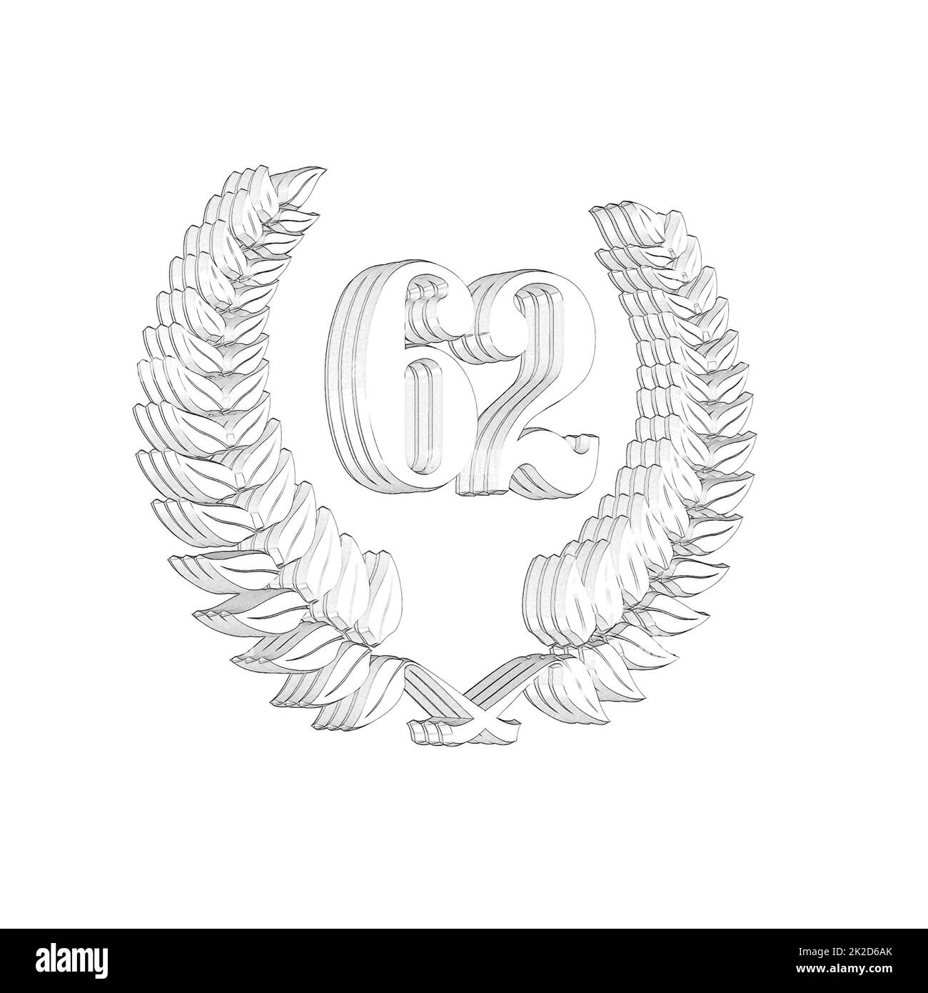 Numero 62 con corona di alloro o corona d'onore come 3D-illustrazione, 3D-rendering Foto Stock