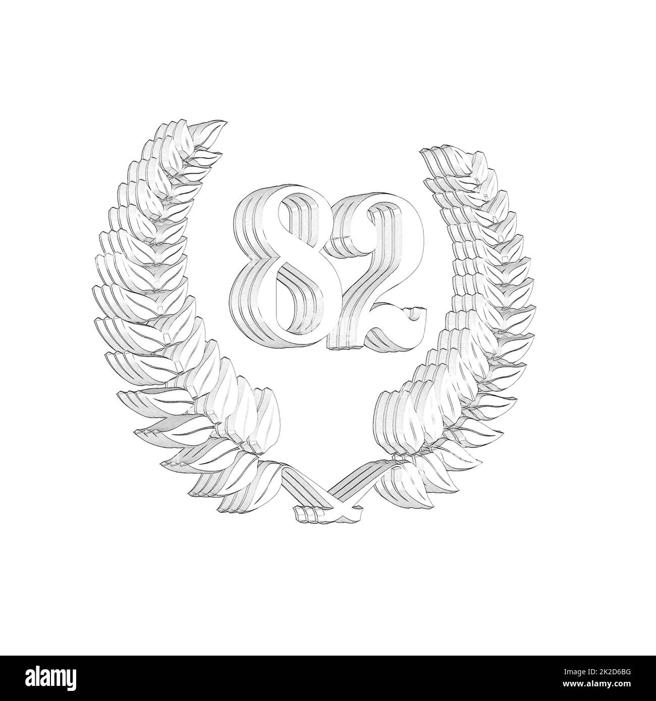 Numero 82 con corona di alloro o corona d'onore come 3D-illustrazione, 3D-rendering Foto Stock