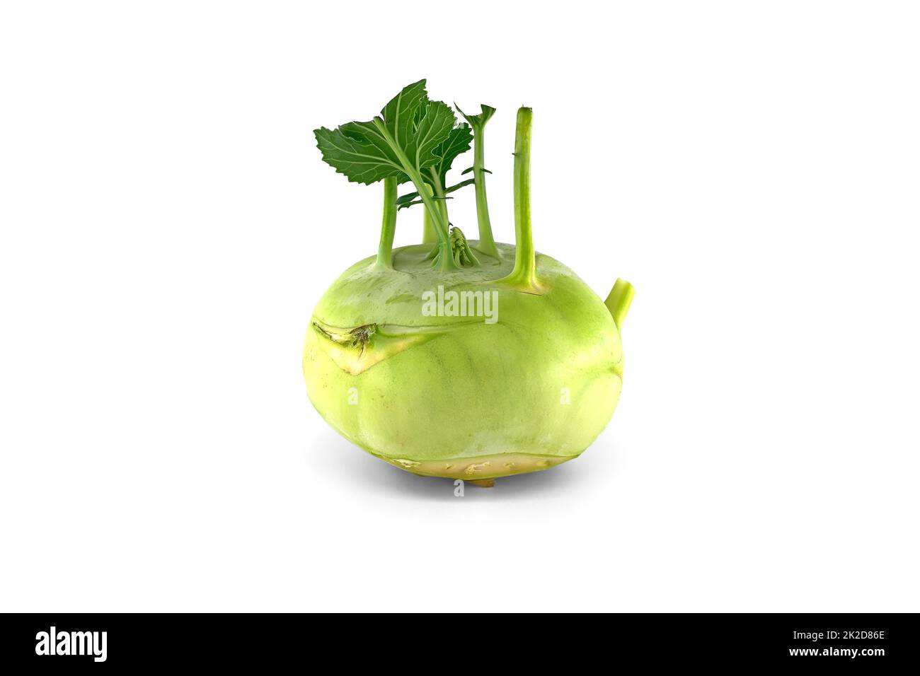 Kohlrabi fresco con foglie verdi su bianco Foto Stock