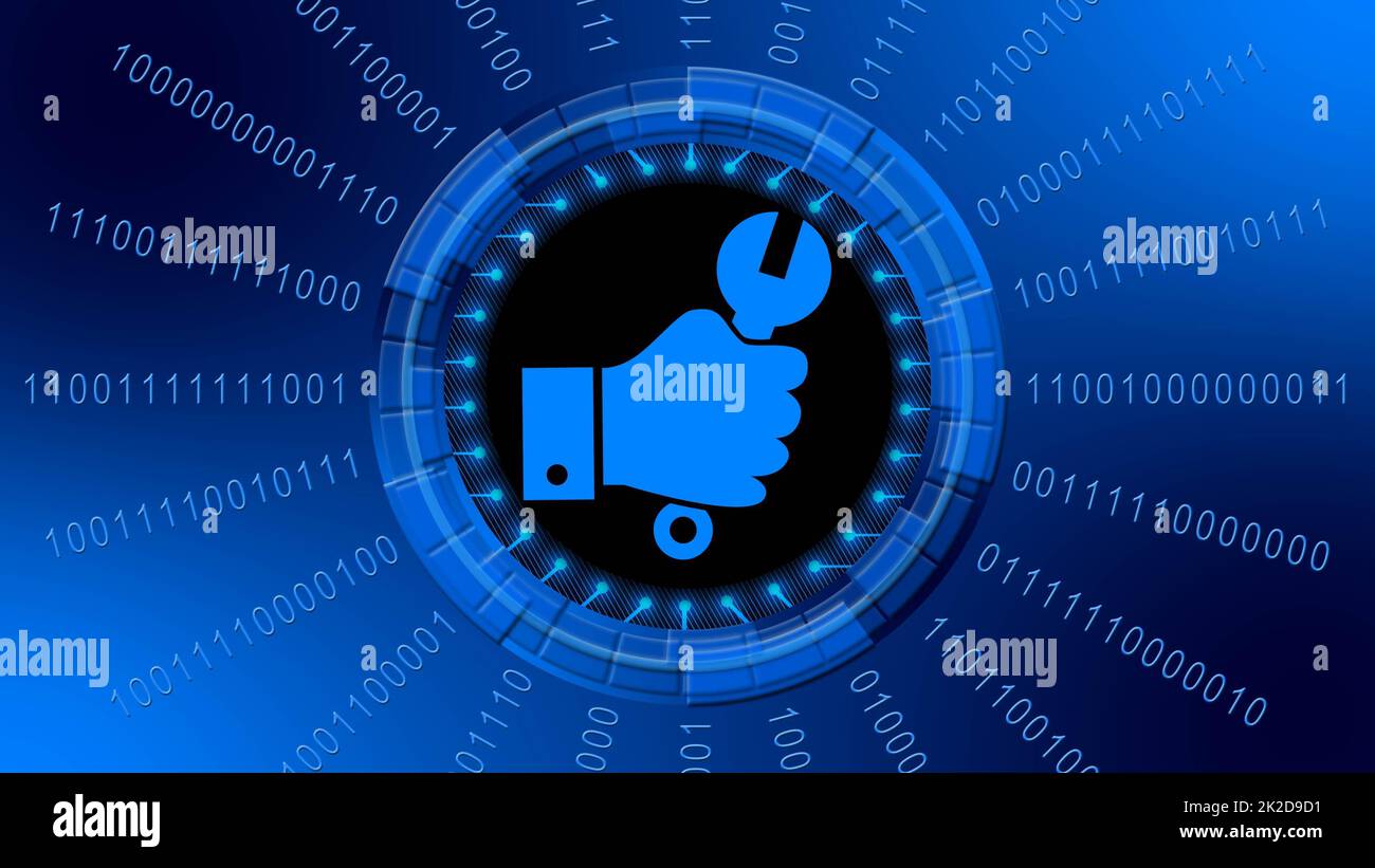 Mano con chiave centrata in raggi di codice binario intorno agli elementi HUD in blu design - simbolo di installazione Foto Stock