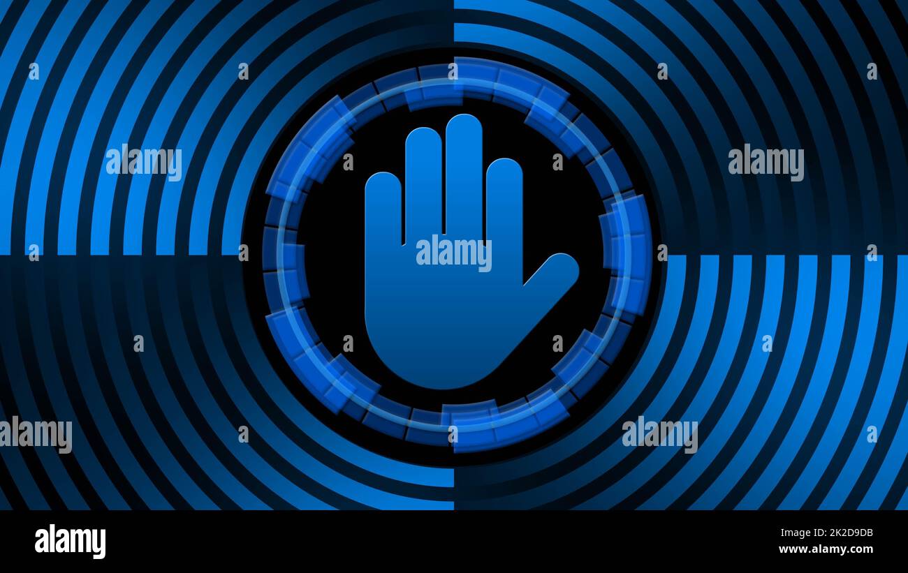Il cartello con la mano SI FERMA al centro delle linee circolari di colore blu Foto Stock