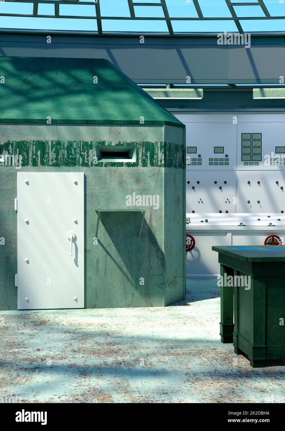 3D rendering della sala di controllo della centrale nucleare Foto Stock